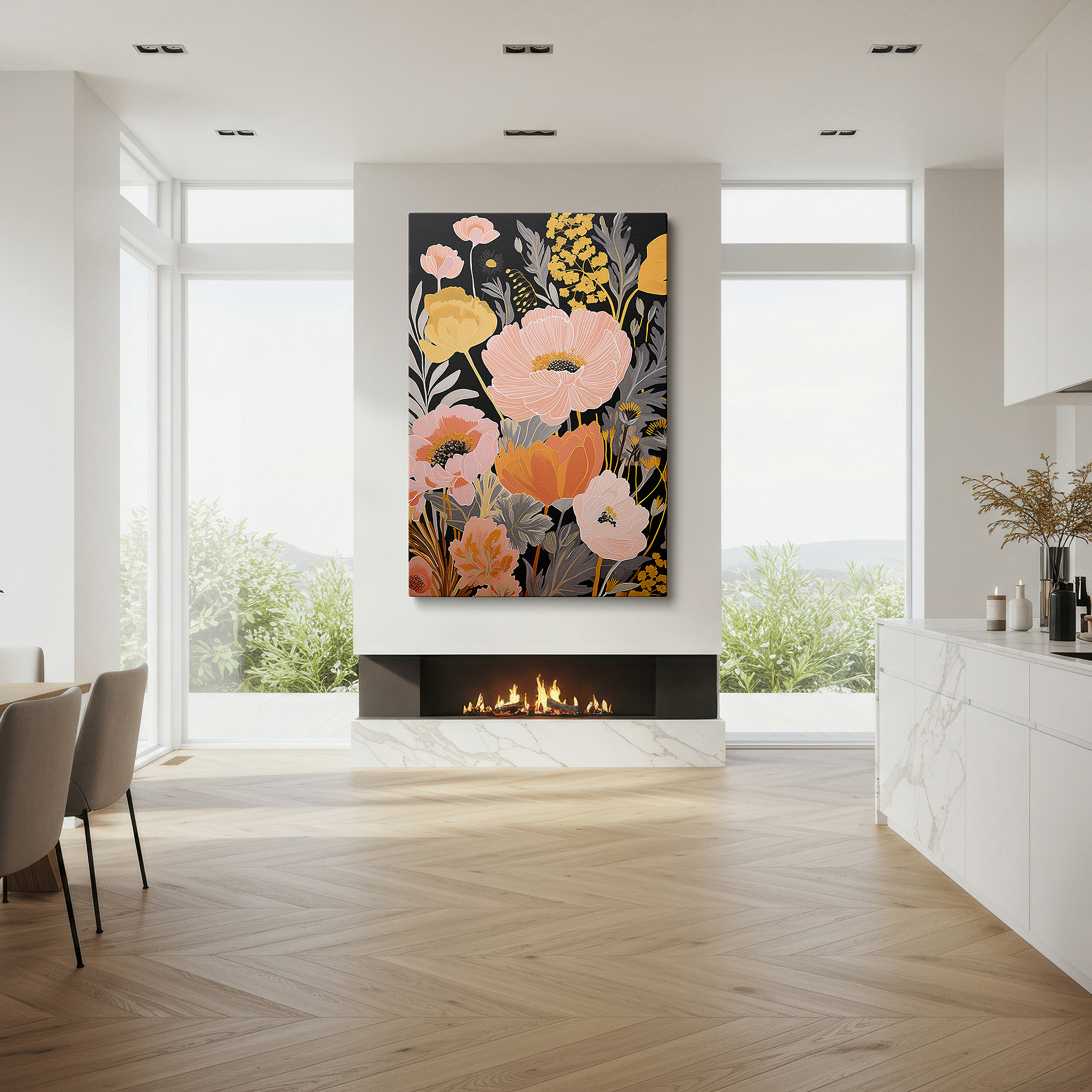 Presented on a clean white gallery wall with ample space — vibrant pastel flowers on a stark black background - celebrating nature's delicate artistry, large canvas wall art