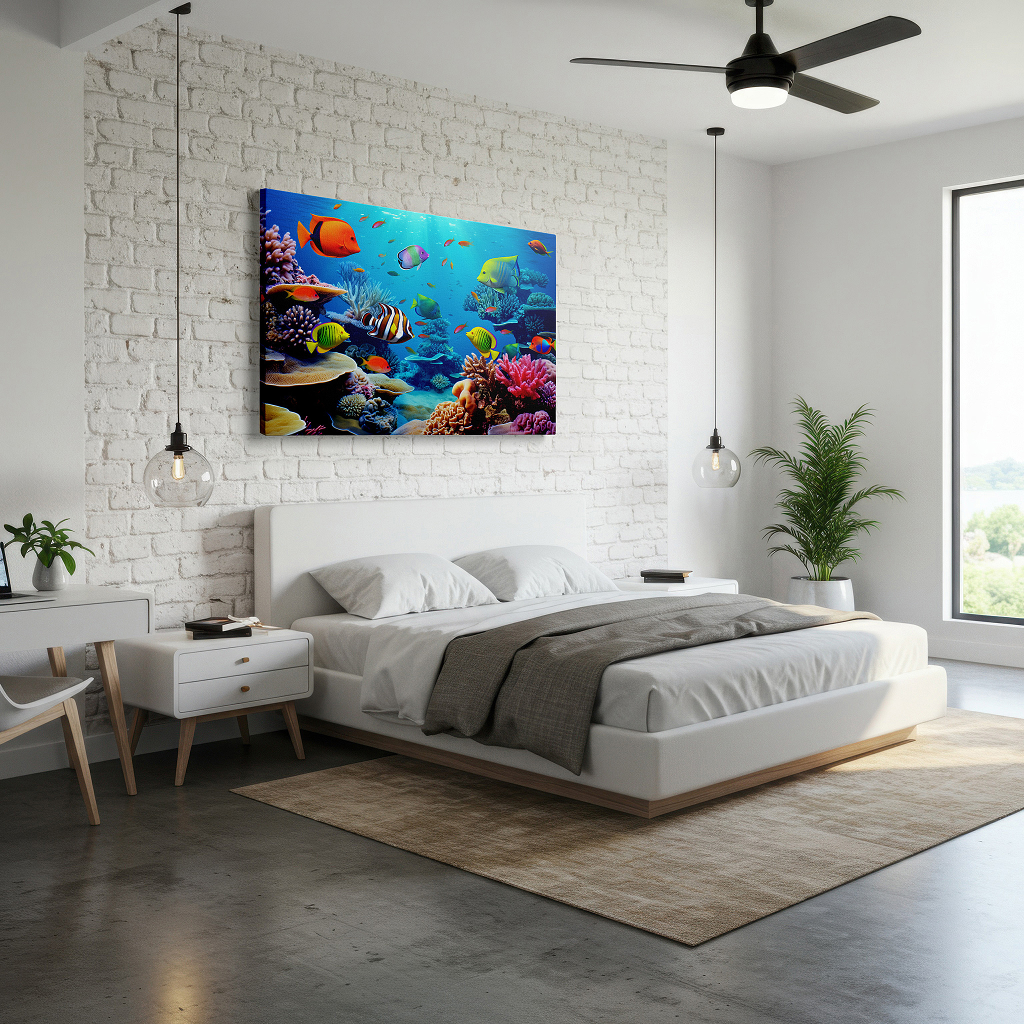 Presented on a clean white gallery wall with ample space — vibrant underwater paradise featuring coral reefs and tropical fish - large canvas wall art for office, bedroom, and living room decor