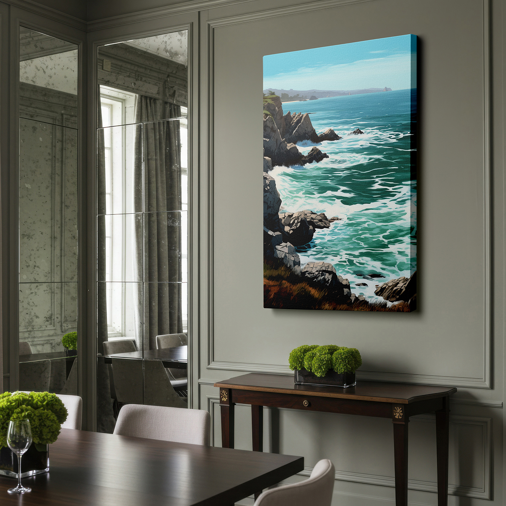 Presented on a clean white gallery wall with ample space — vivid ocean waves crashing on rugged rocks large canvas wall art for office and bedroom decor