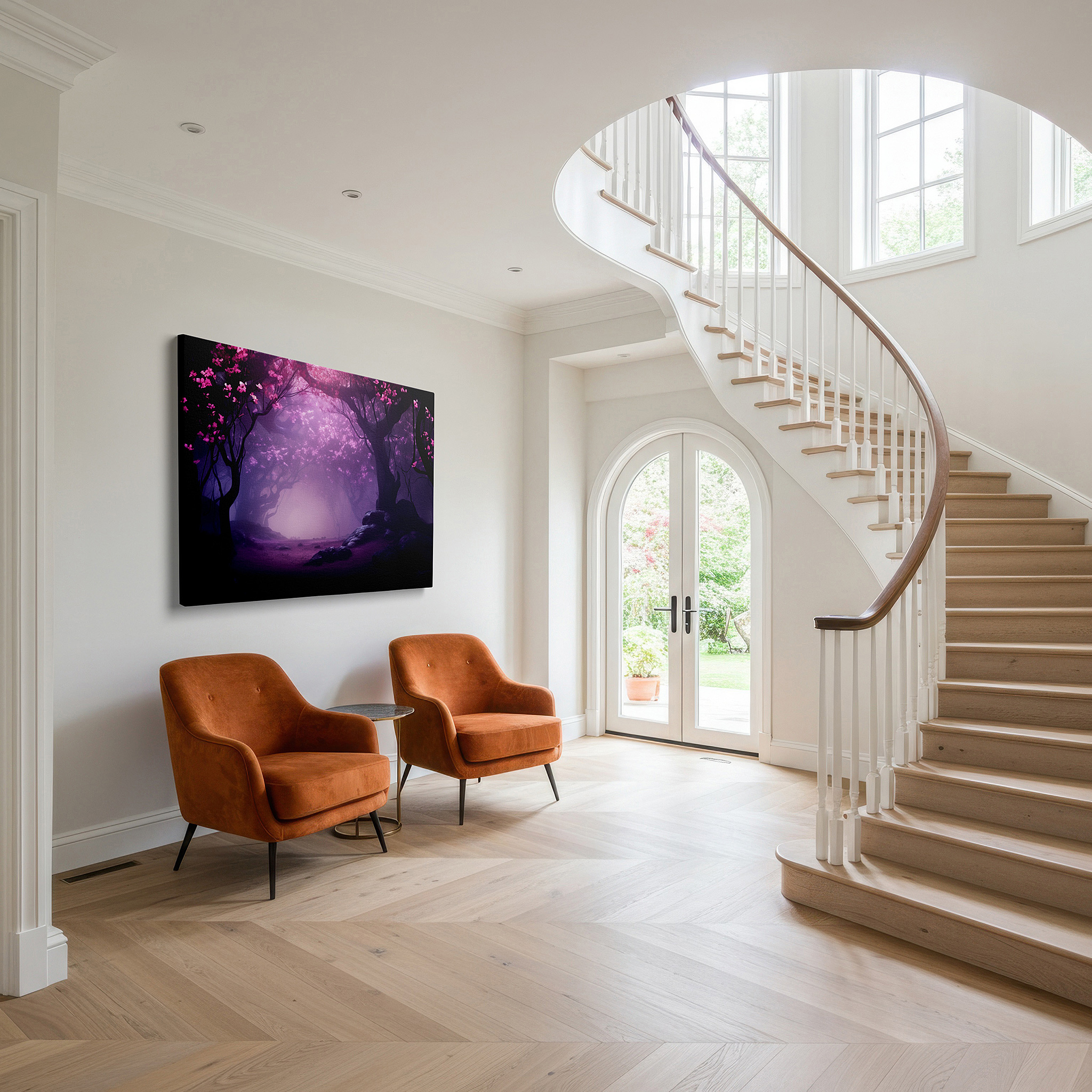 Presented on a clean white gallery wall with ample space — wall art: serene misty forest and blossoming cherry trees - discover the quiet whispers of nature with this large canvas wall art for home and office decor
