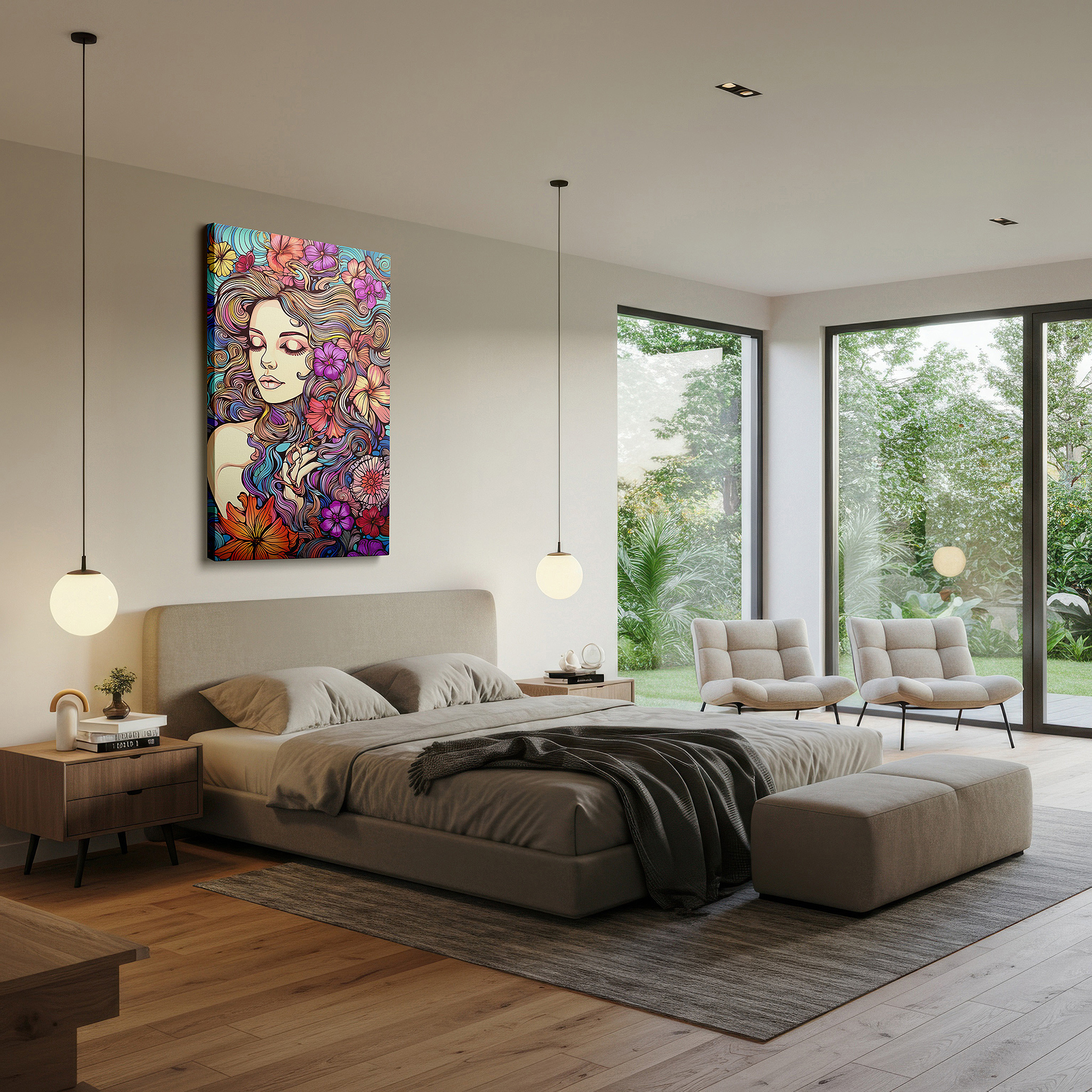 Presented on a clean white gallery wall with ample space — wall art: tranquil scene of serene woman enveloped by nature's vibrant essence - large canvas wall art for office and bedroom decor