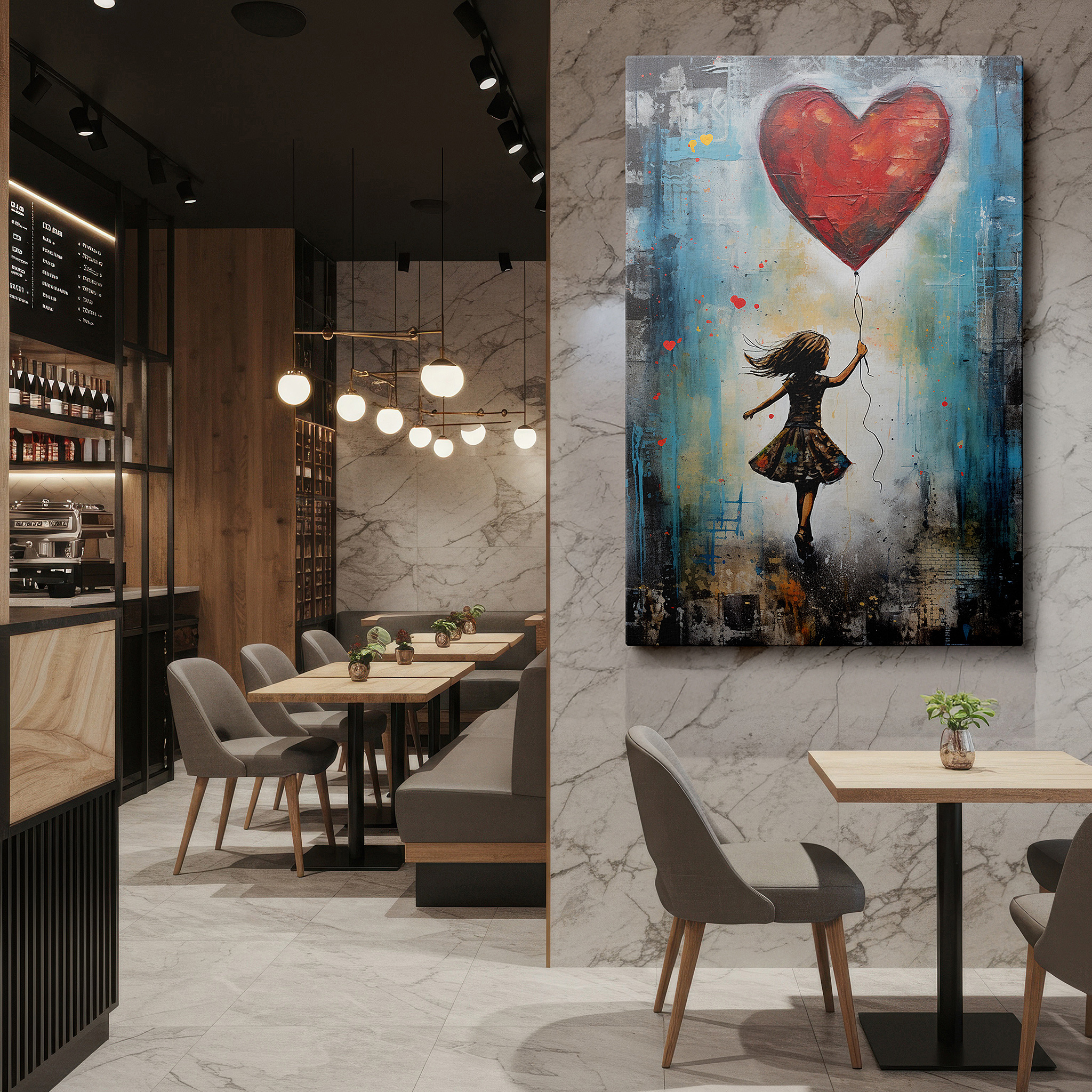 Presented on a clean white gallery wall with ample space — wall art: vibrant scene of a young girl running with a heart-shaped balloon - large canvas art for home and office decor, perfect for living room and bedroom