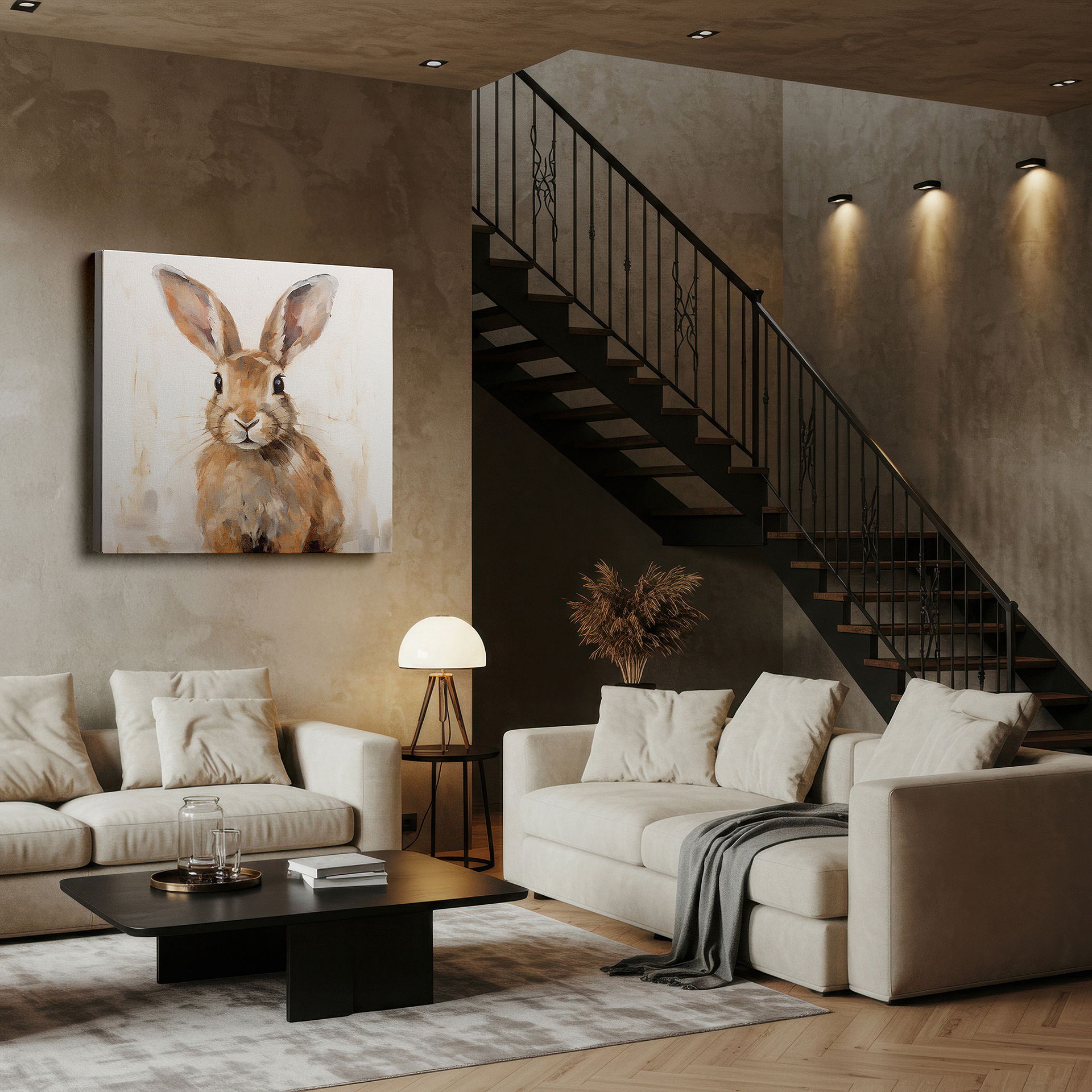 Presented on a clean white gallery wall with ample space — wall decor: stunningly detailed rabbit portrait embraces the