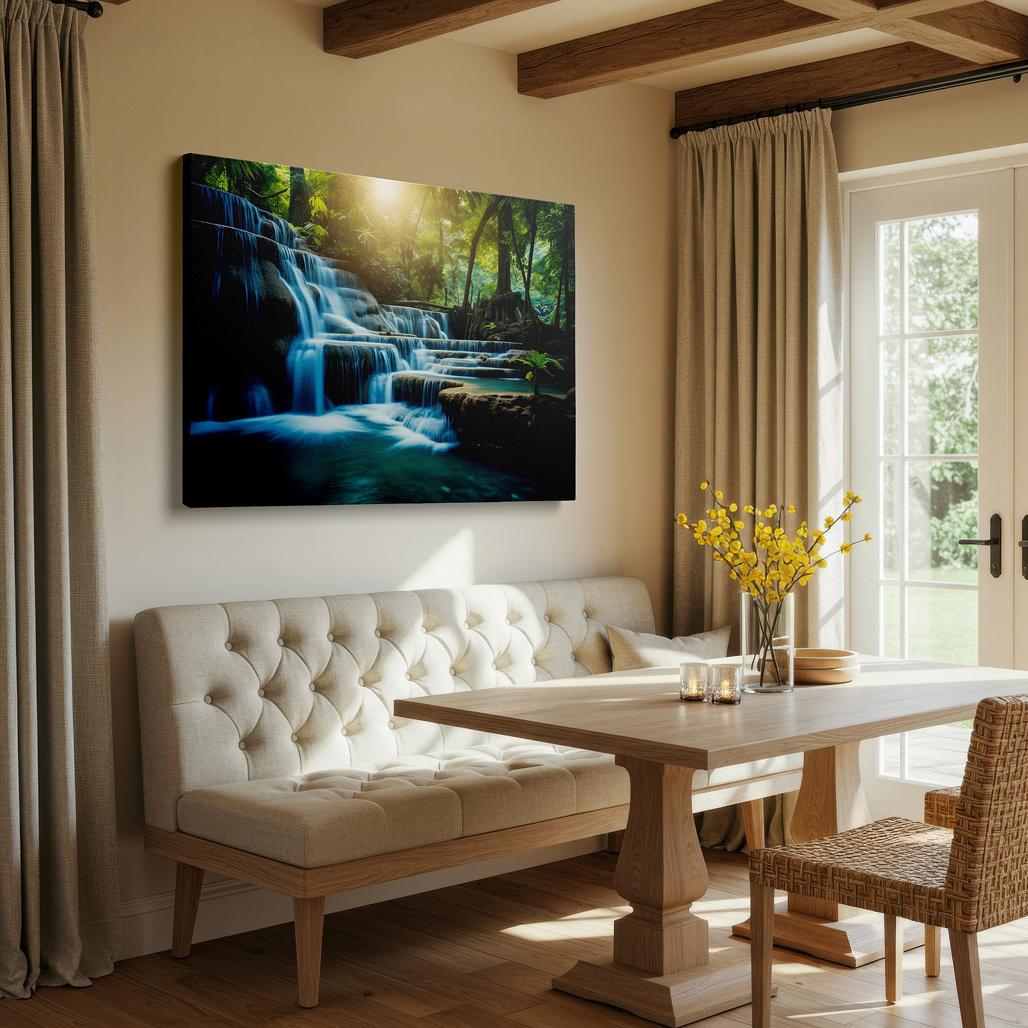Presented on a clean white gallery wall with ample space — waterfall and jungle scene large wall art, tranquil sanctuary canvas decor for any room, office, or bedroom