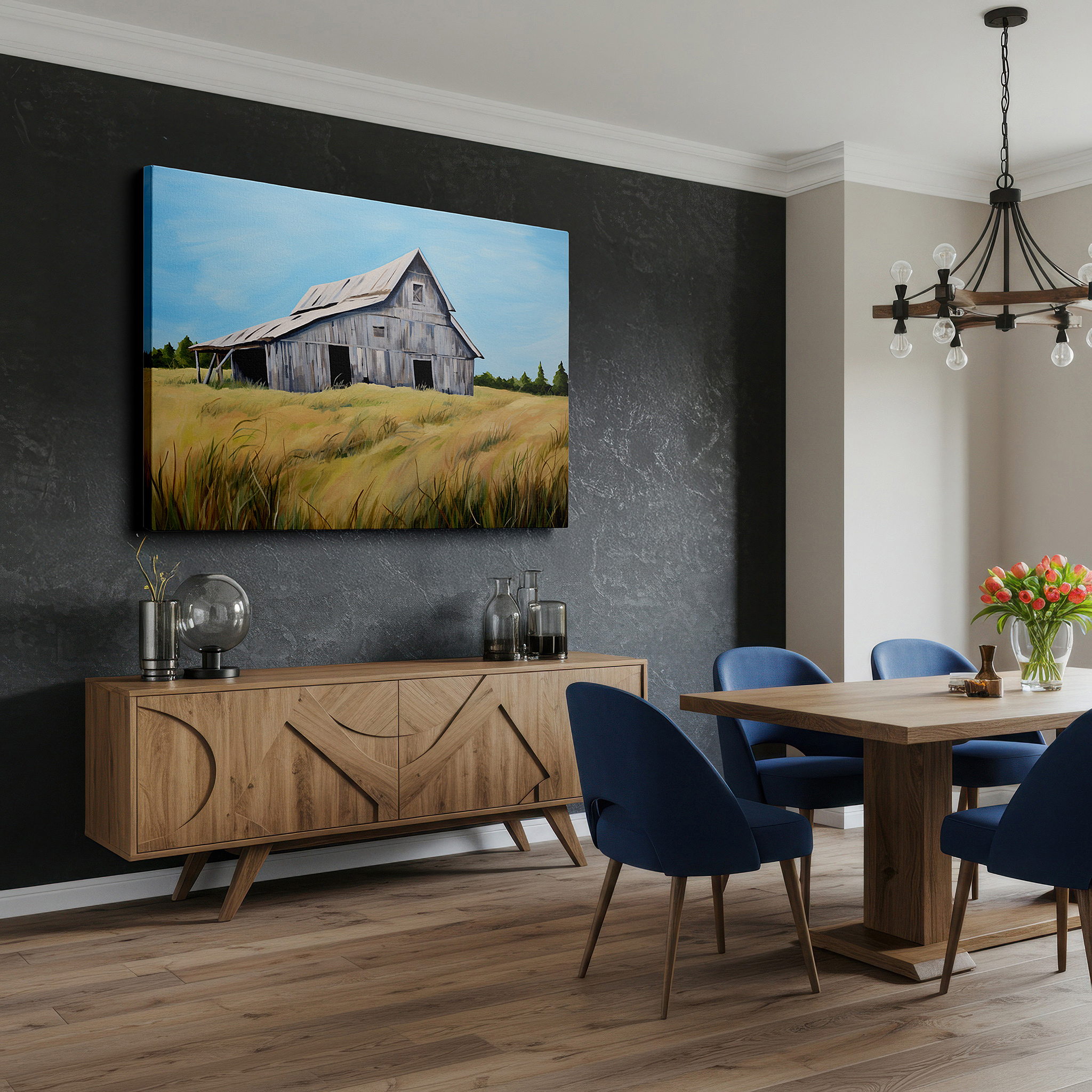 Presented on a clean white gallery wall with ample space — weathered barn and golden fields large canvas wall art for home and office decor