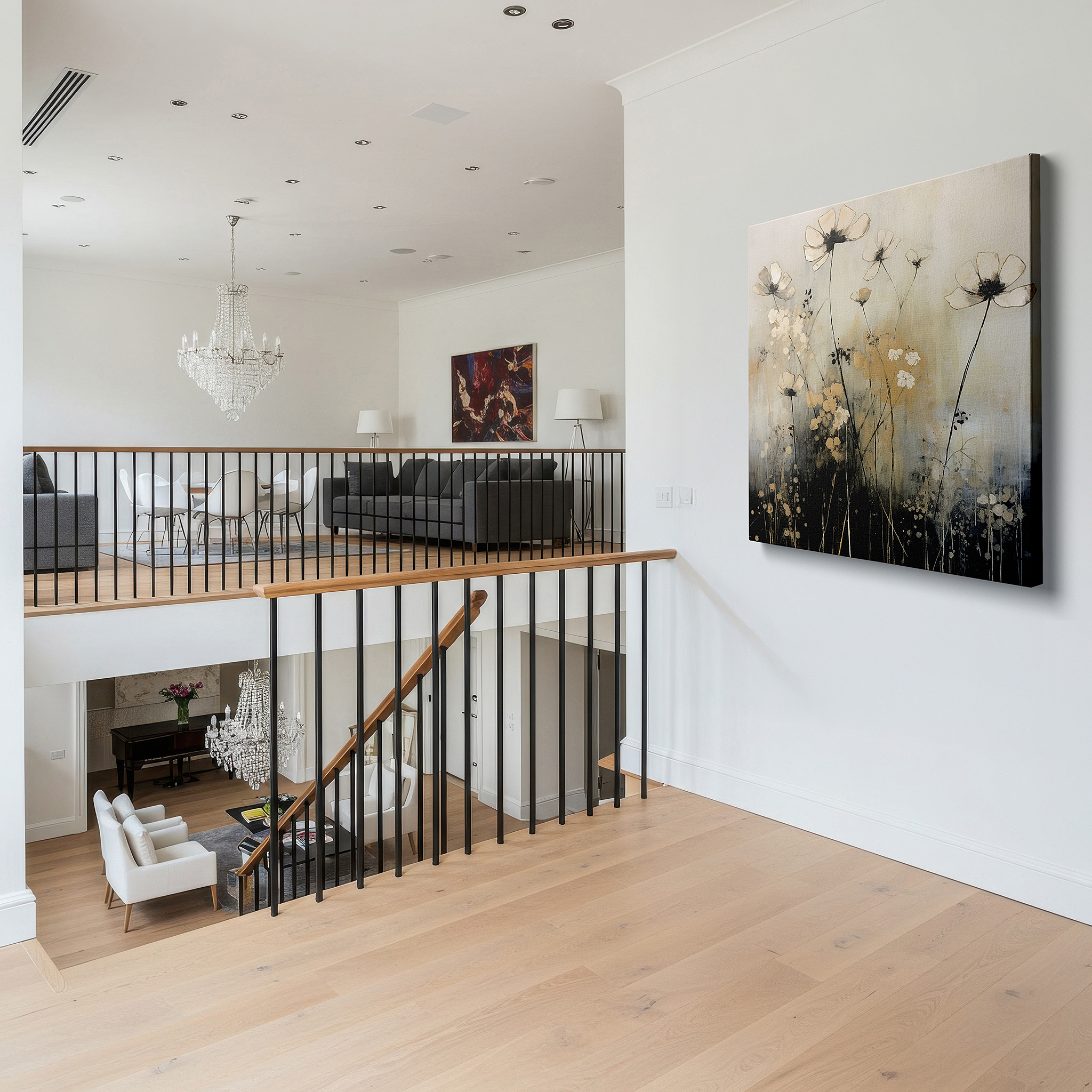 Set in a minimalist interior with textured walls and soft rugs — abstract floral harmony with ethereal blooms and golden accents, large canvas wall art for office, bedroom, and living room decor
