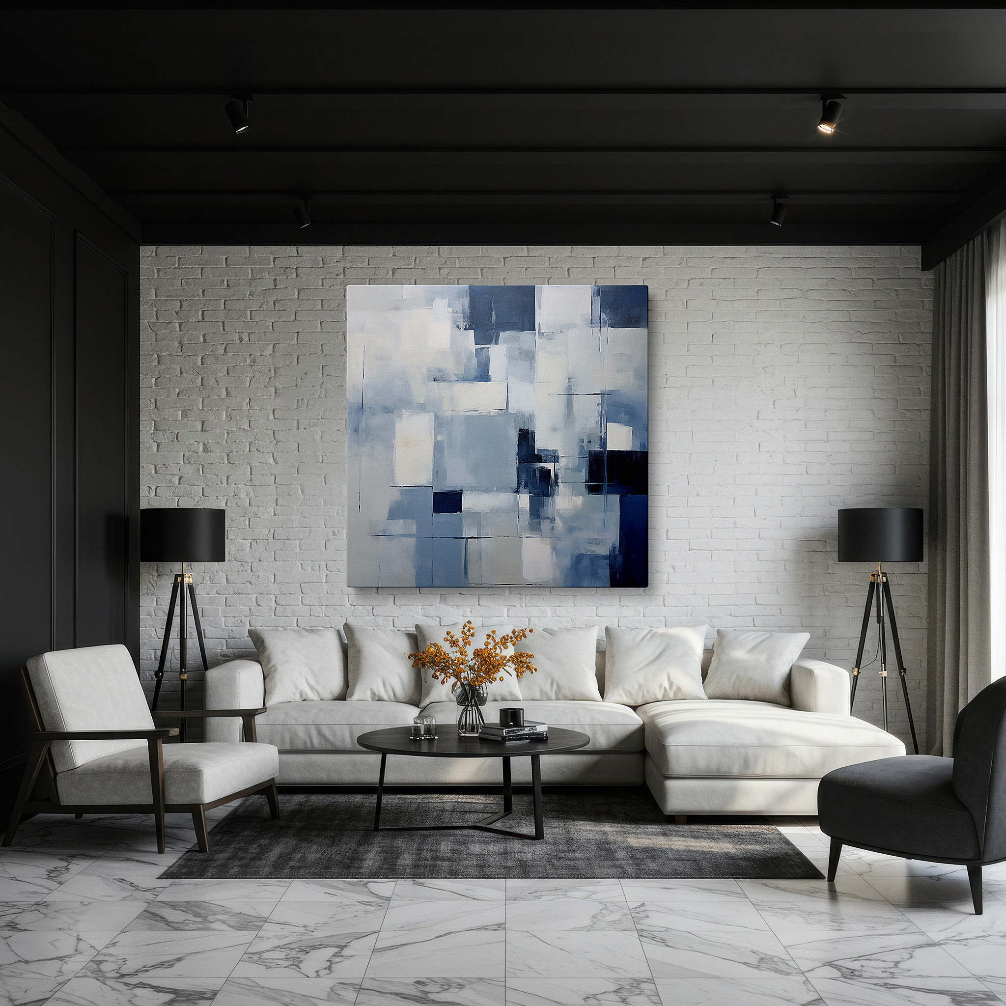 Set in a minimalist interior with textured walls and soft rugs — abstract geometric harmony in serene blues and crisp whites: contemporary large wall art for office and home decor, canvas wall art