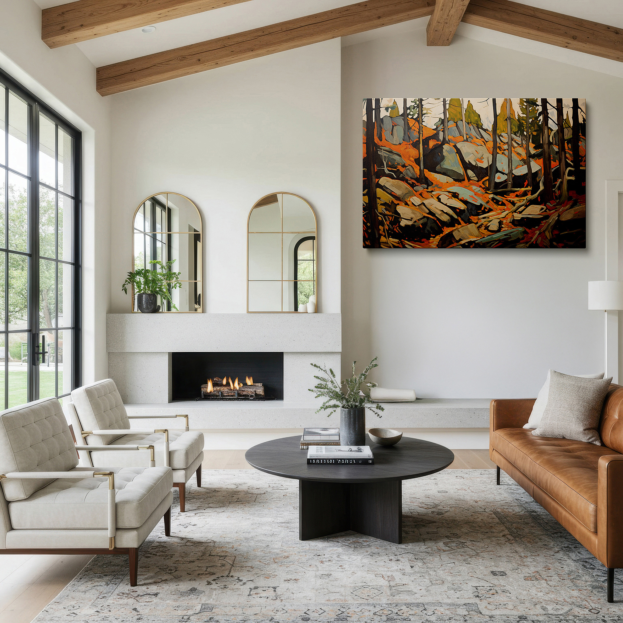 Set in a minimalist interior with textured walls and soft rugs — autumn forest scene with vibrant leaves and sunlit treetops - large canvas wall art for office, bedroom, and living room decor