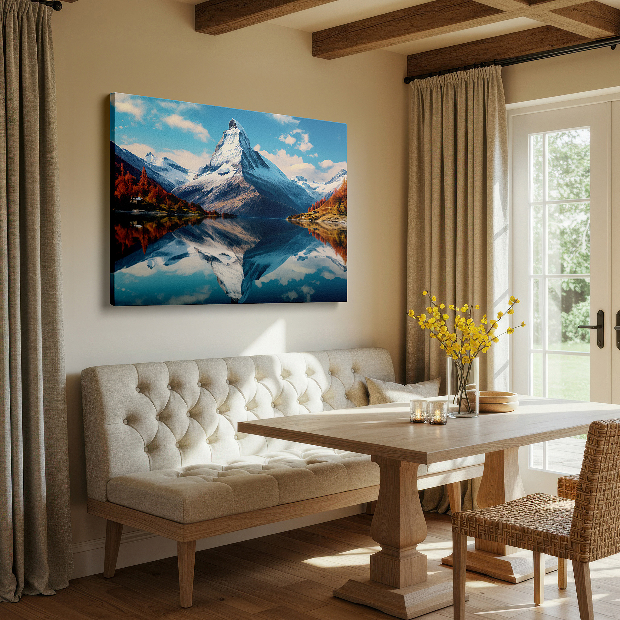 Set in a minimalist interior with textured walls and soft rugs — autumn splendor at majestic mountain: tranquil lake reflection large wall art, canvas wall art, wall decor for office and bedroom