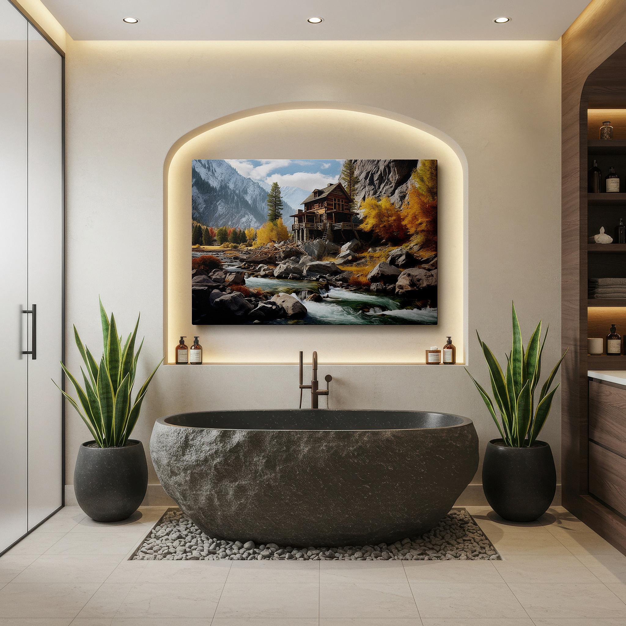 Set in a minimalist interior with textured walls and soft rugs — autumn-themed rustic cabin retreat large wall art for office, bedroom, and living room decor