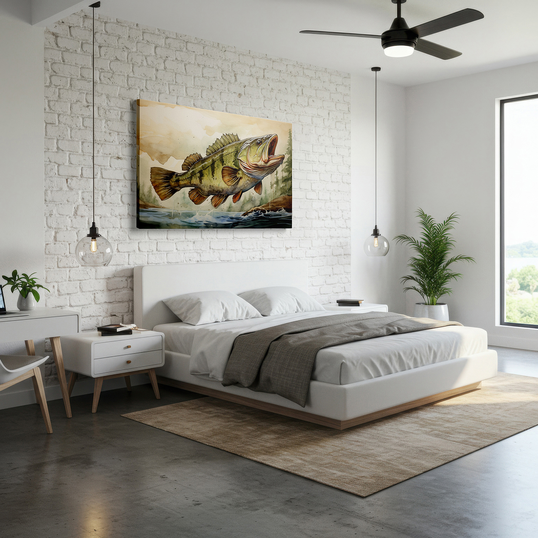 Set in a minimalist interior with textured walls and soft rugs — bass fish leaping in a lush green setting, elegant nature scene large wall art, canvas wall art, wall decor for office