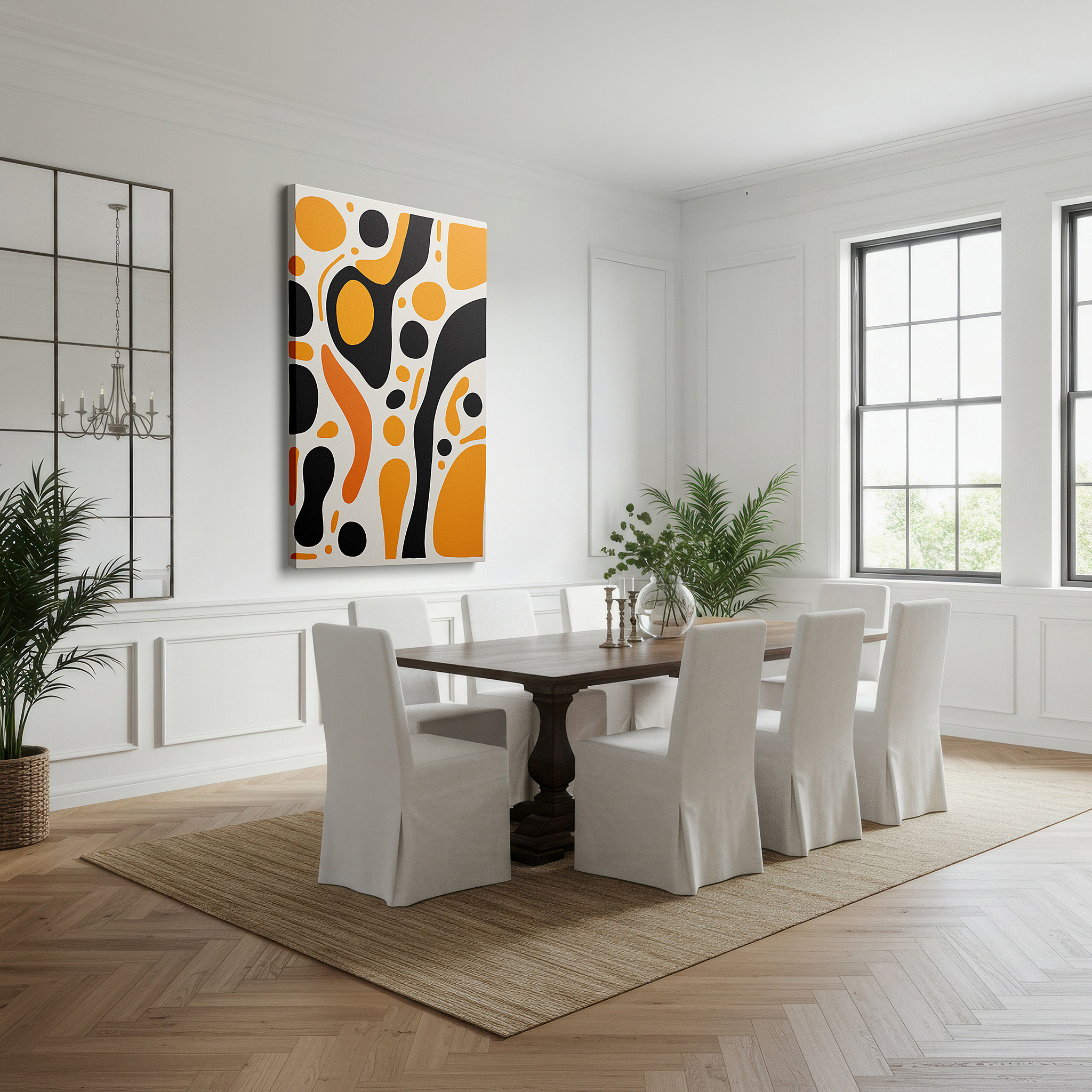 Set in a minimalist interior with textured walls and soft rugs — black and orange vibrant dance, abstract expression large wall art, canvas wall art, wall decor for office and bedroom