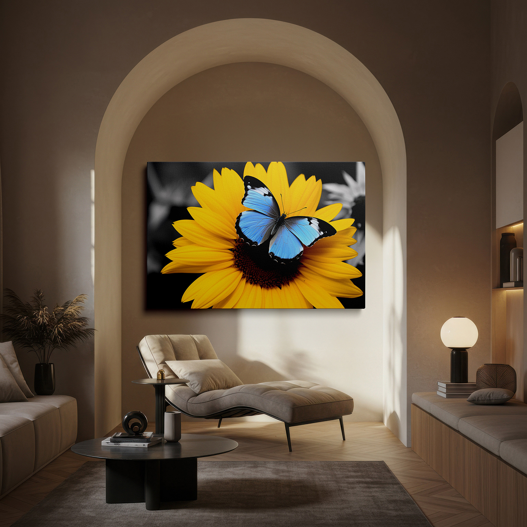 Set in a minimalist interior with textured walls and soft rugs — bright yellow sunflower with vivid blue butterfly, tranquil and vibrant large wall art, canvas wall art, wall decor for office and bedroom