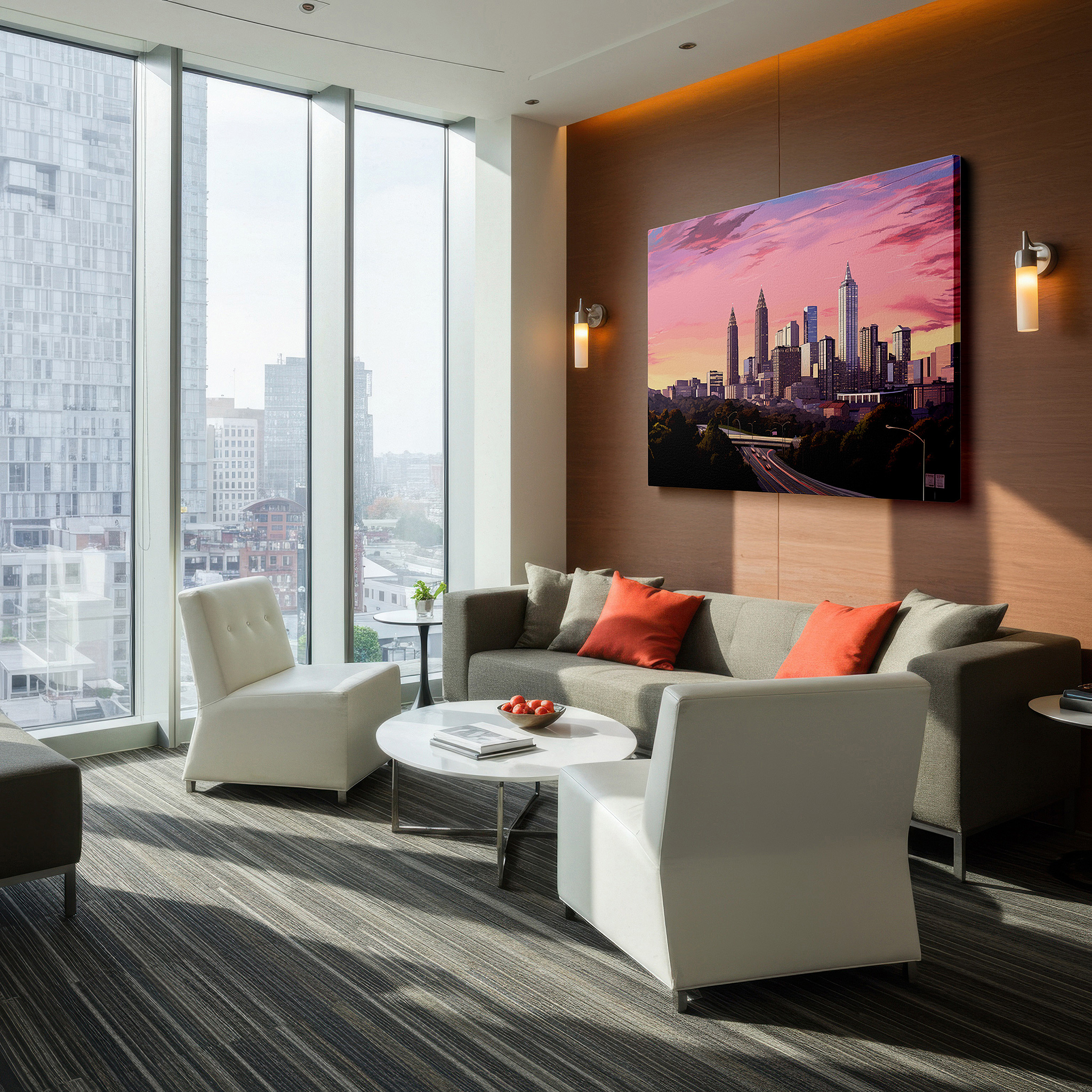 Set in a minimalist interior with textured walls and soft rugs — city skyline at dusk: a vivid display of urban energy and transition - large wall art, canvas wall art, wall decor for office and bedroom
