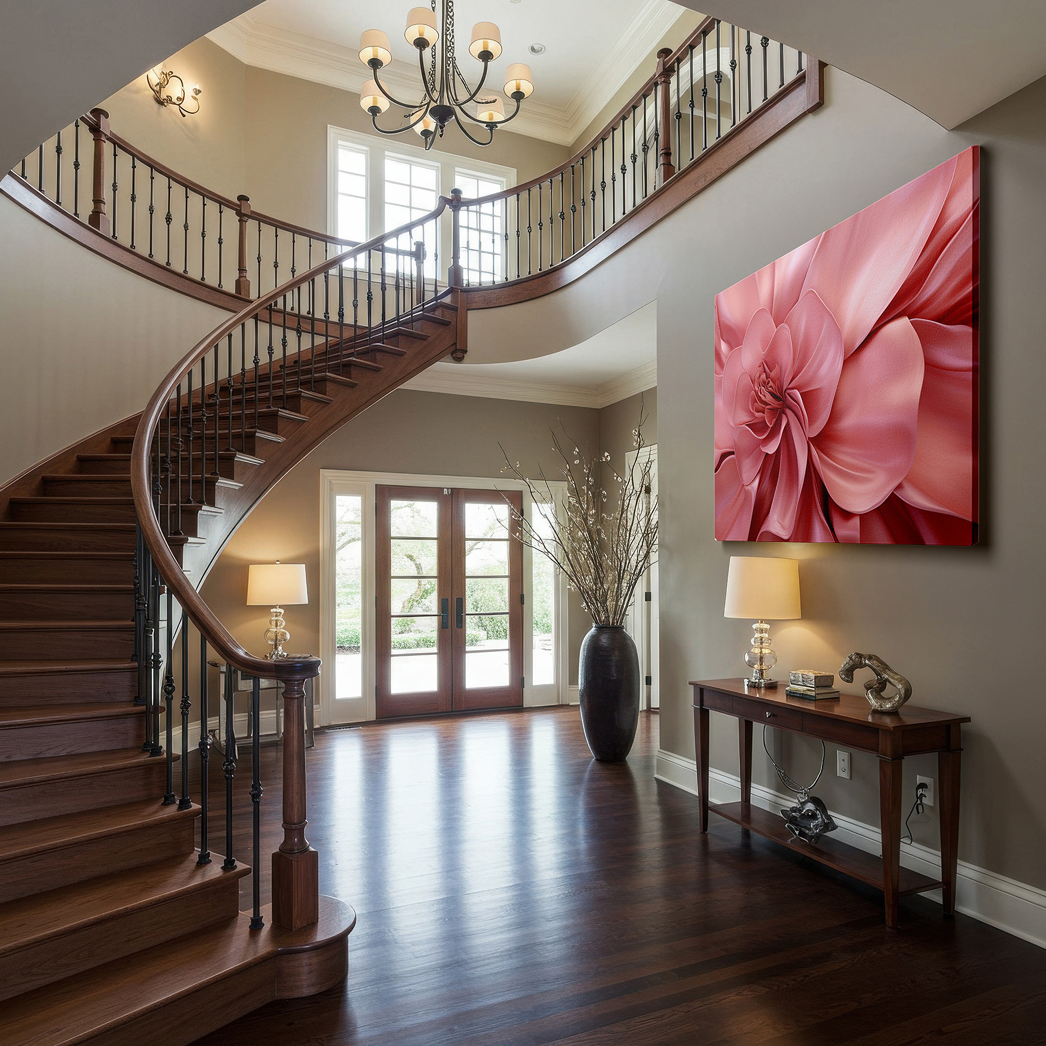 Set in a minimalist interior with textured walls and soft rugs — close-up of ethereal pink petals: tranquil floral elegance, large canvas wall art for office and bedroom decor