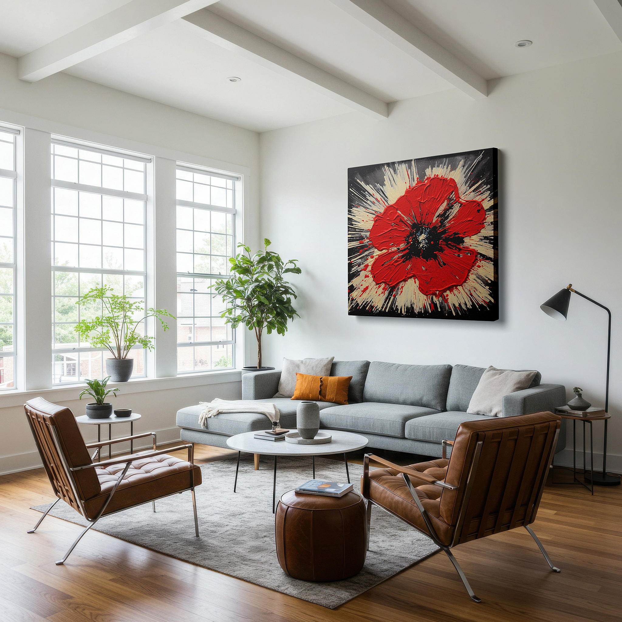 Set in a minimalist interior with textured walls and soft rugs — colorful abstract poppy explosion, large canvas wall art, vibrant office and bedroom decor