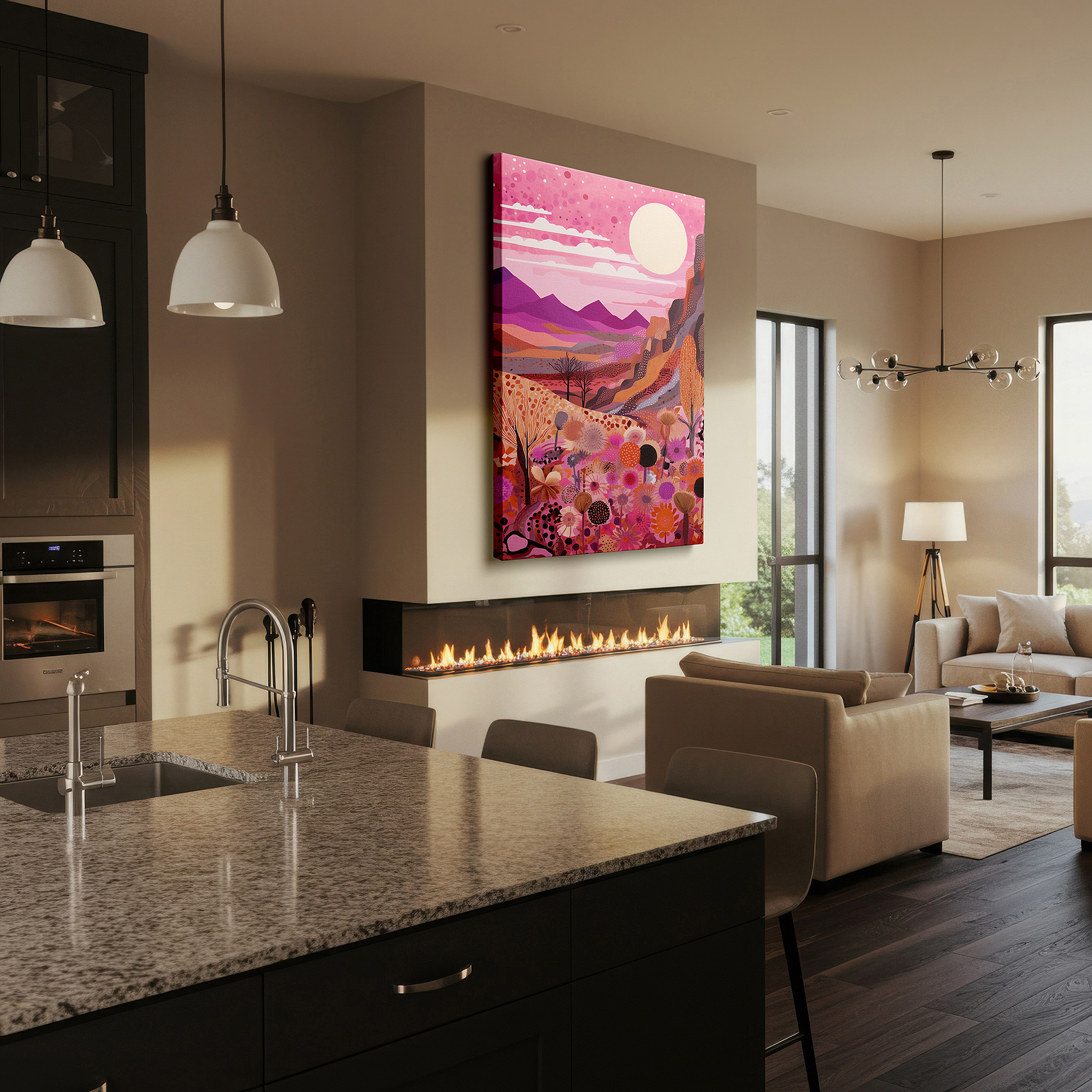 Set in a minimalist interior with textured walls and soft rugs — desert sunset: a vibrant fusion of realism and fantasy - large canvas wall art for office and bedroom decor