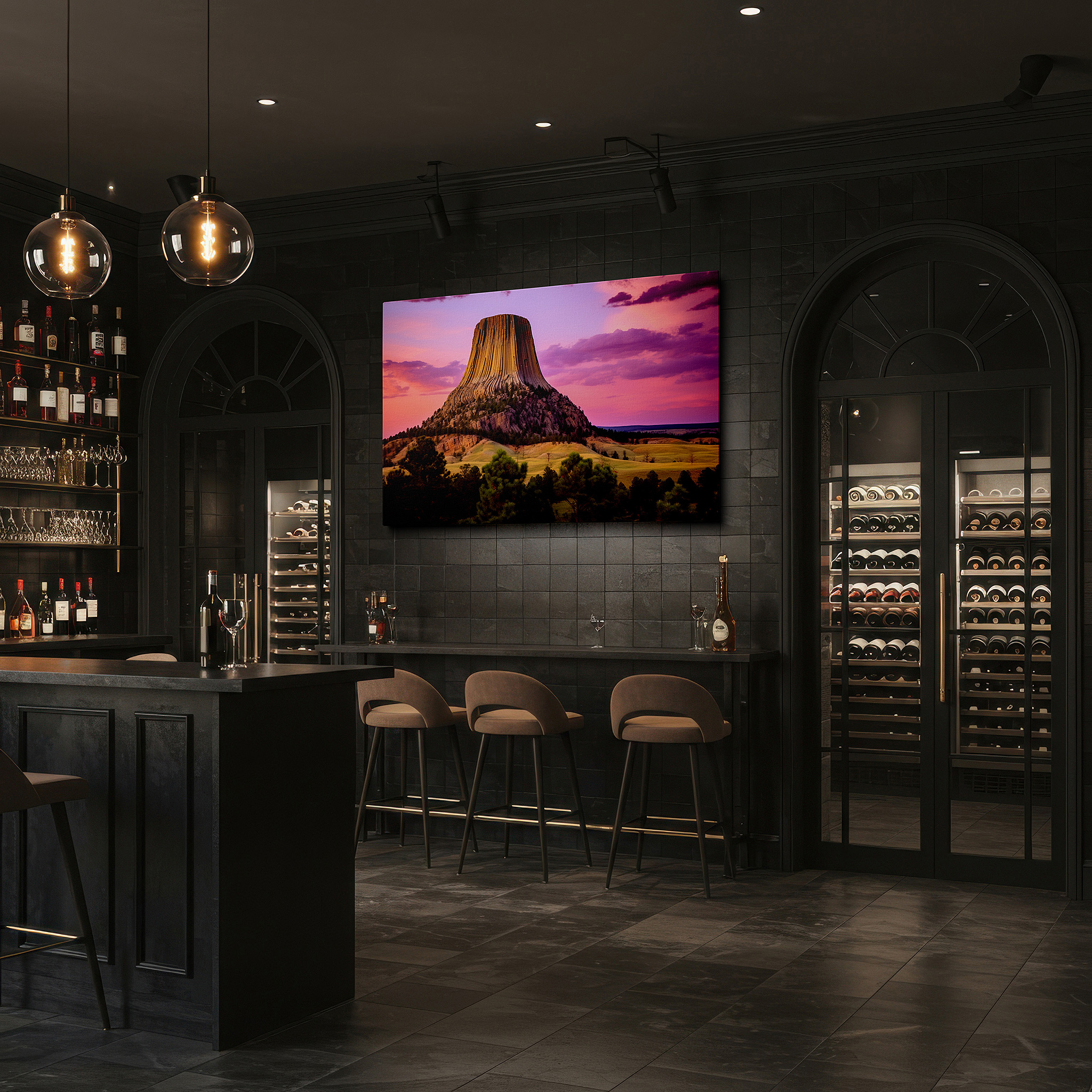 Set in a minimalist interior with textured walls and soft rugs — devil's tower at sunset: majestic nature's grandeur - large canvas wall art for office and bedroom decor