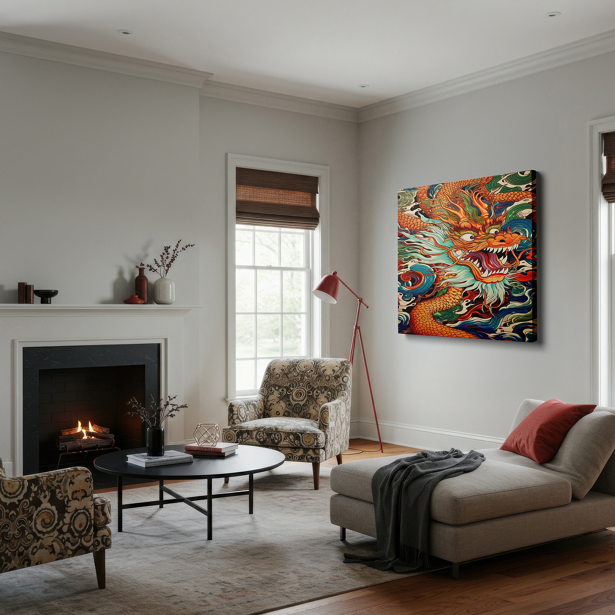 Set in a minimalist interior with textured walls and soft rugs — dragon amidst dynamic waves: a vivid expression of myth and power - large canvas wall art for office and bedroom decor