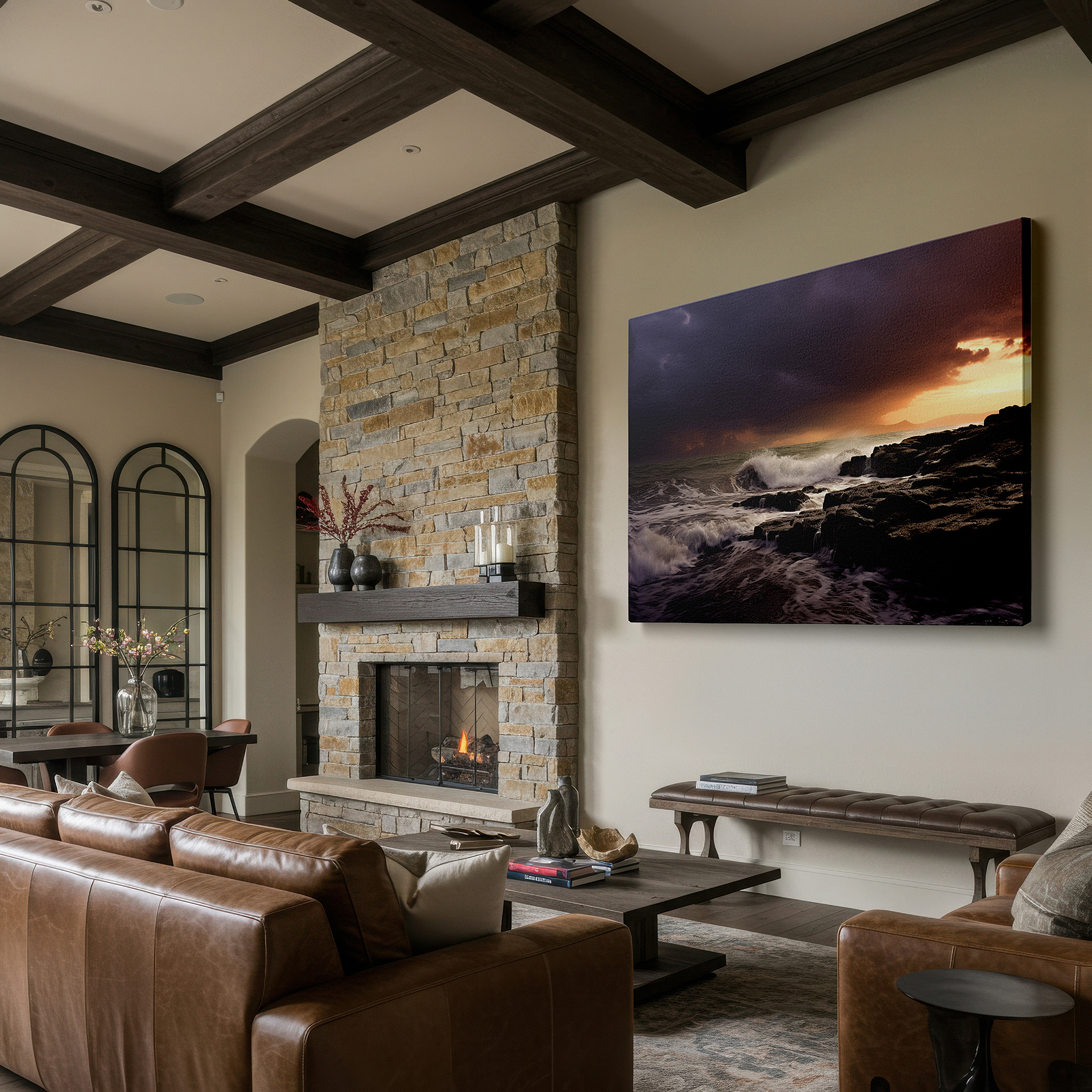 Set in a minimalist interior with textured walls and soft rugs — dramatic seascape wall art: embodying nature's wild spirit and immense power - ideal for office and bedroom decor