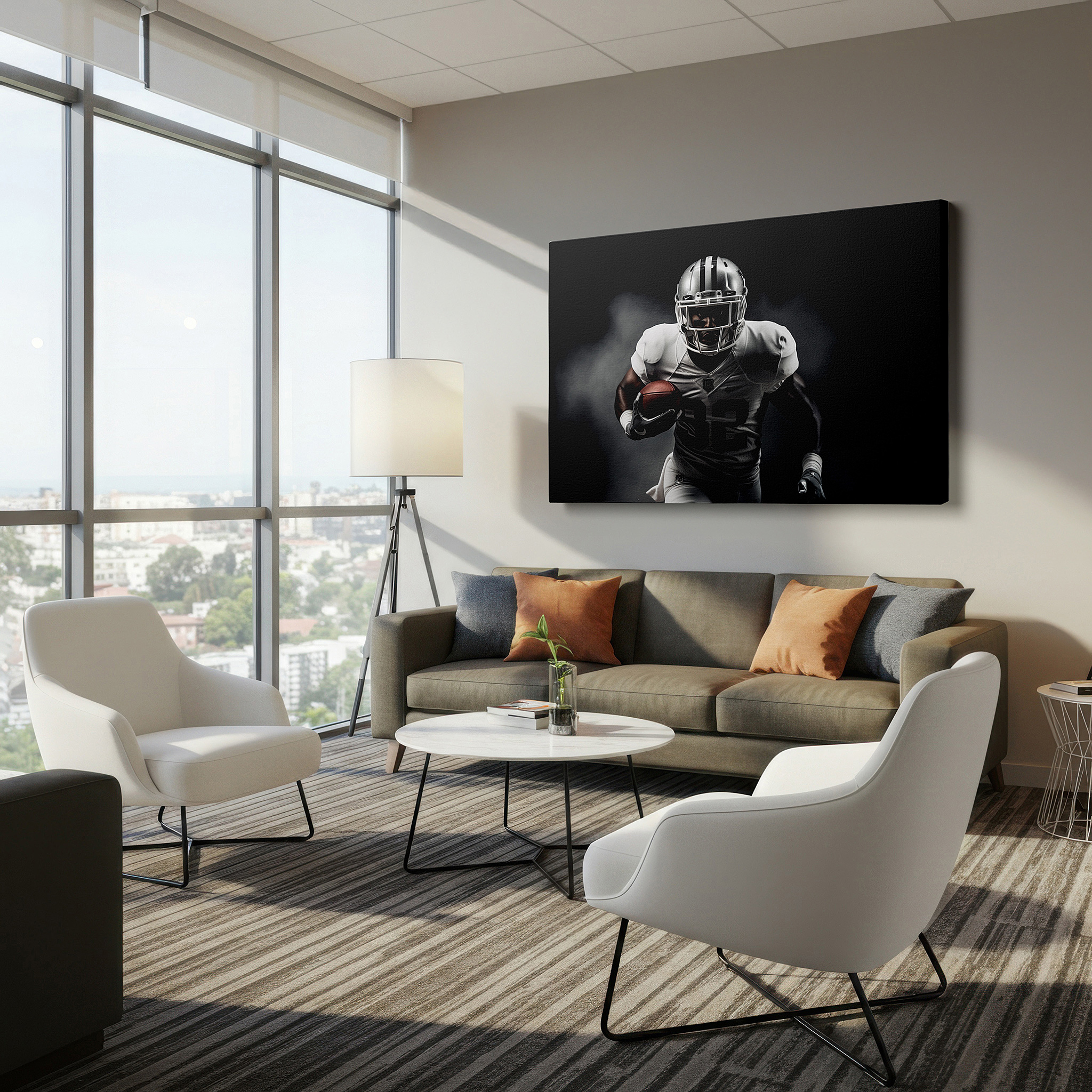 Set in a minimalist interior with textured walls and soft rugs — dynamic football player action scene, showcasing power and concentration - large canvas wall art for office decor