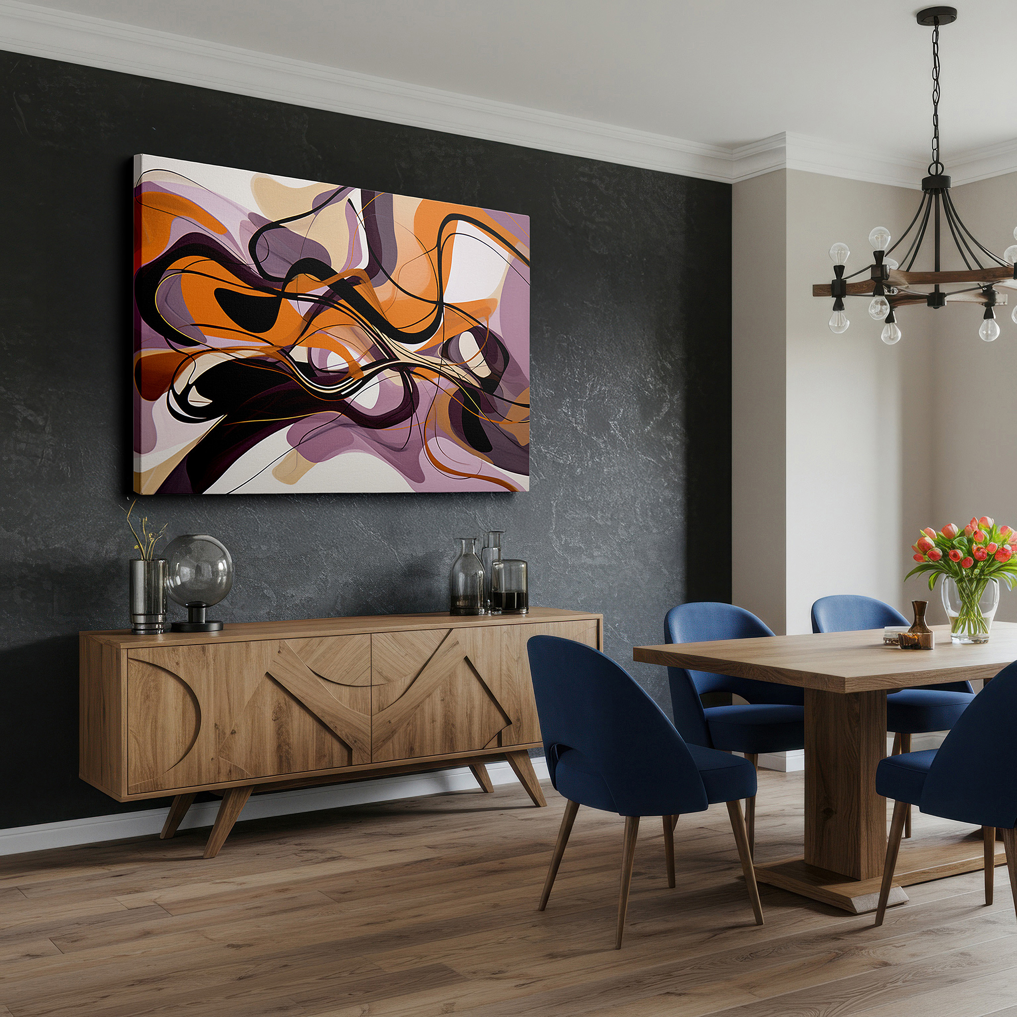 Set in a minimalist interior with textured walls and soft rugs — earthy tones and structured chaos: large wall art featuring deep purples, vibrant oranges, and stark blacks - canvas wall art for office decor
