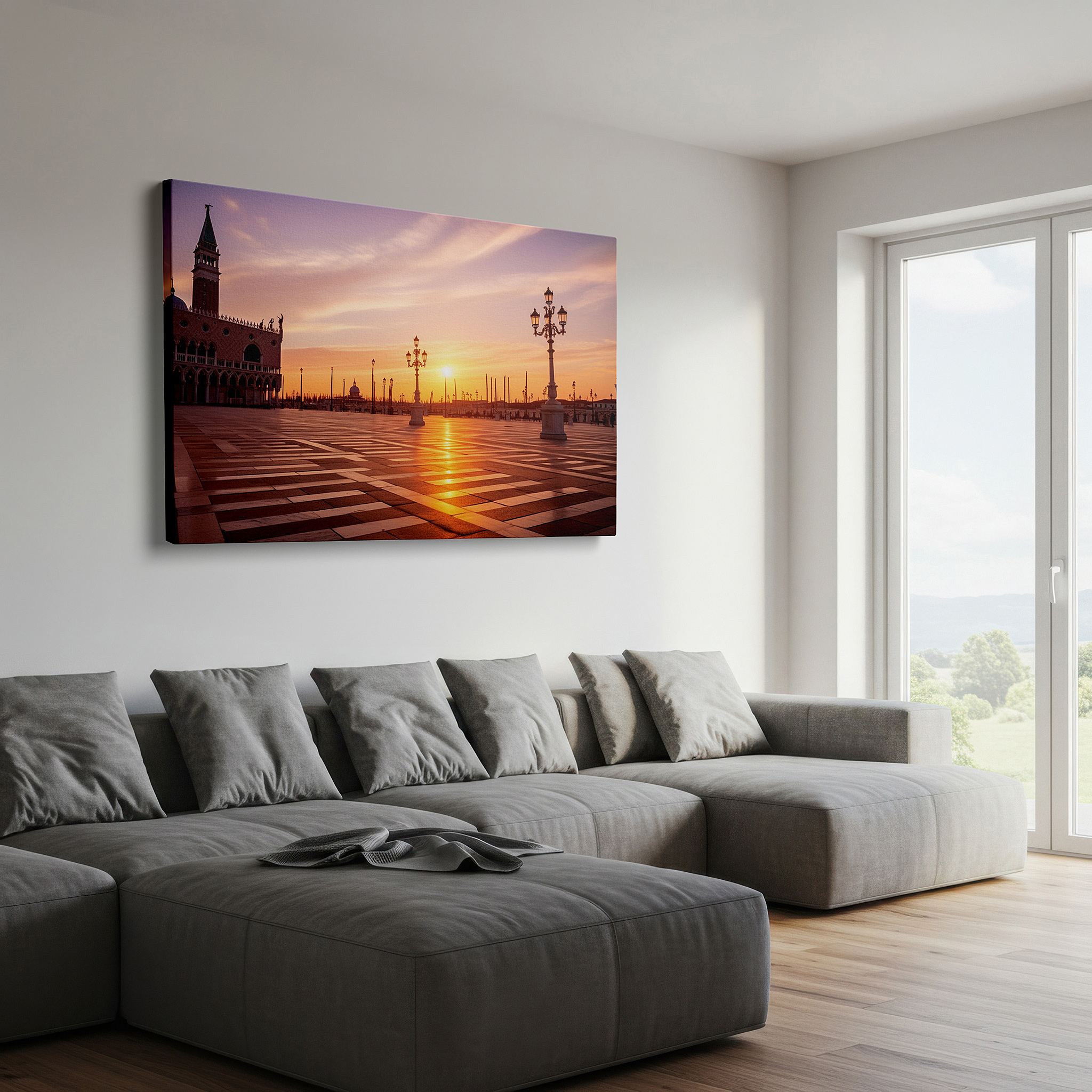 Set in a minimalist interior with textured walls and soft rugs — enchanted european piazza canvas wall art: historical grandeur at golden hour, large wall decor for office