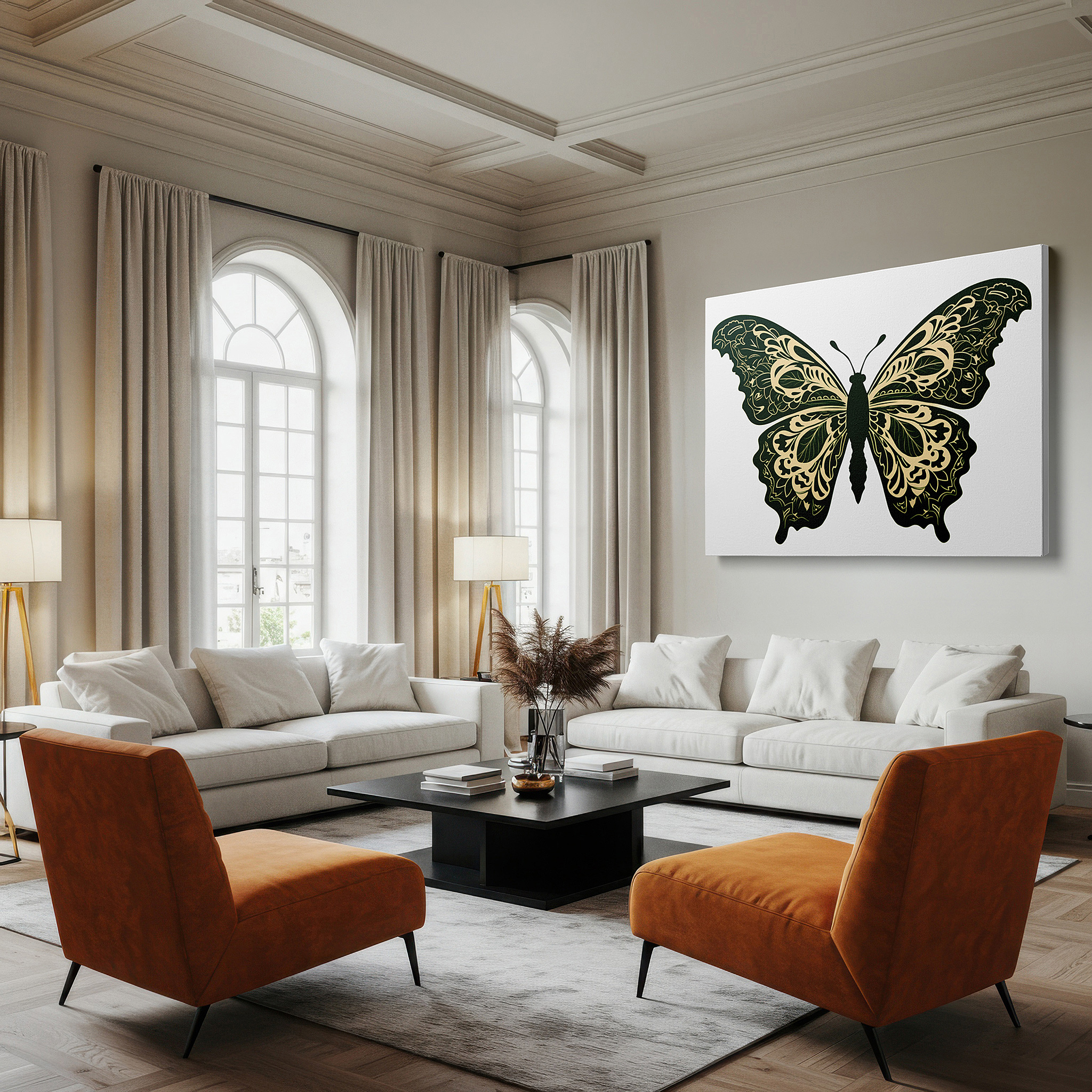 Set in a minimalist interior with textured walls and soft rugs — enchanting butterfly graphic representing change and liberation in nature, large canvas wall art for home and office decor