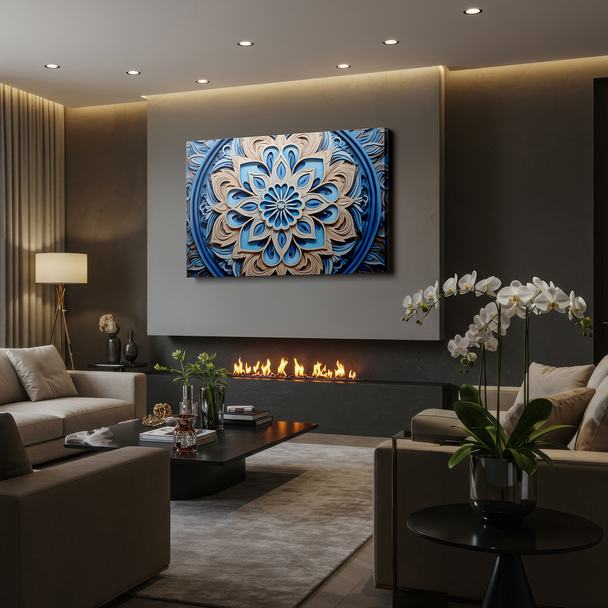 Set in a minimalist interior with textured walls and soft rugs — enchanting floral wood carving wall art in soft blues and gentle beige tones - large canvas wall art for office and bedroom decor