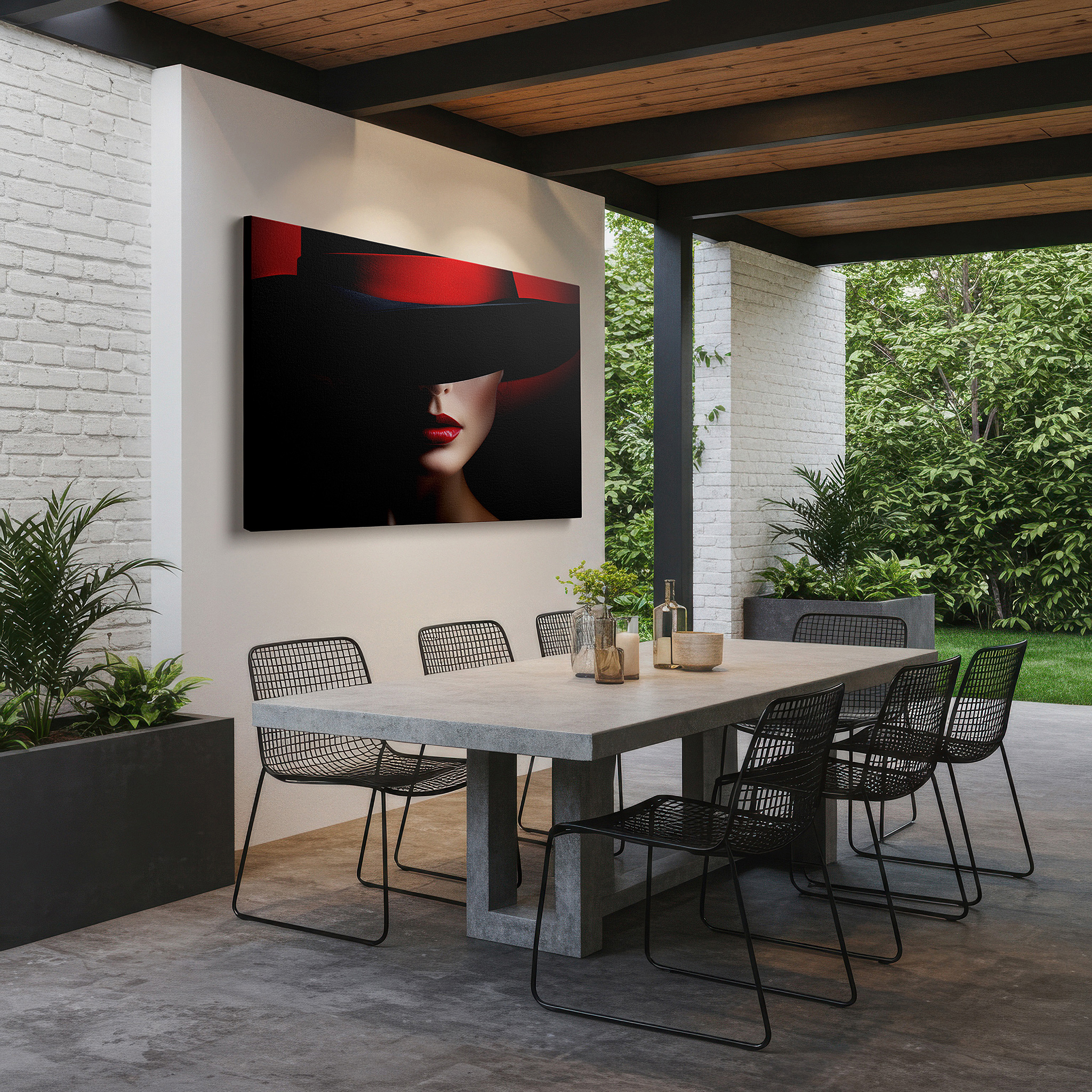 Set in a minimalist interior with textured walls and soft rugs — enigmatic charm: wide-brimmed hat shadow large wall art, canvas decor for office, bedroom, and living room