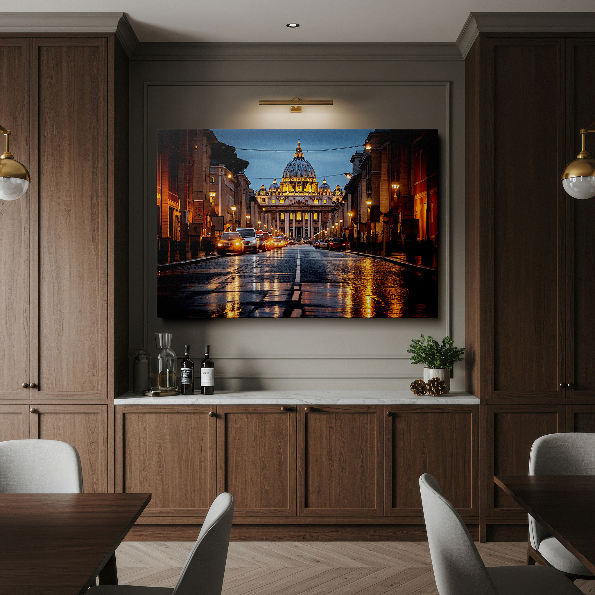 Set in a minimalist interior with textured walls and soft rugs — ethereal sunset at st. peter's basilica: a renaissance masterpiece as night falls - large canvas wall art decor