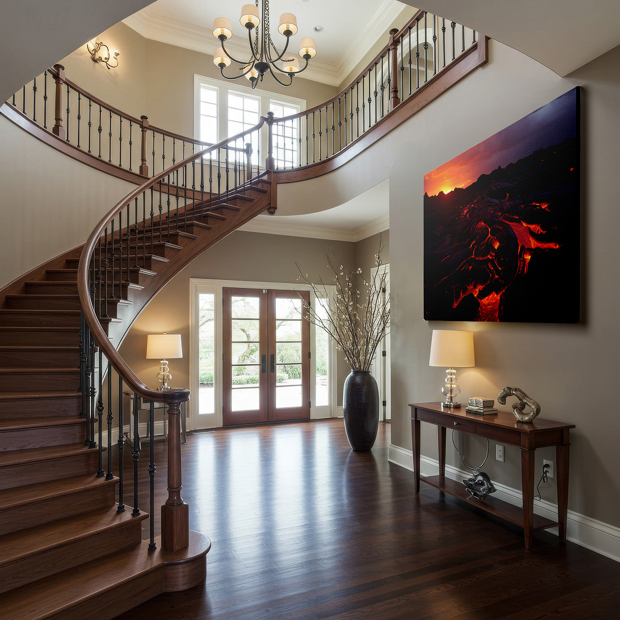 Set in a minimalist interior with textured walls and soft rugs — fiery skies and molten earth - a striking exhibition of nature's irresistible power and splendor large wall art, canvas wall art, wall decor, office art