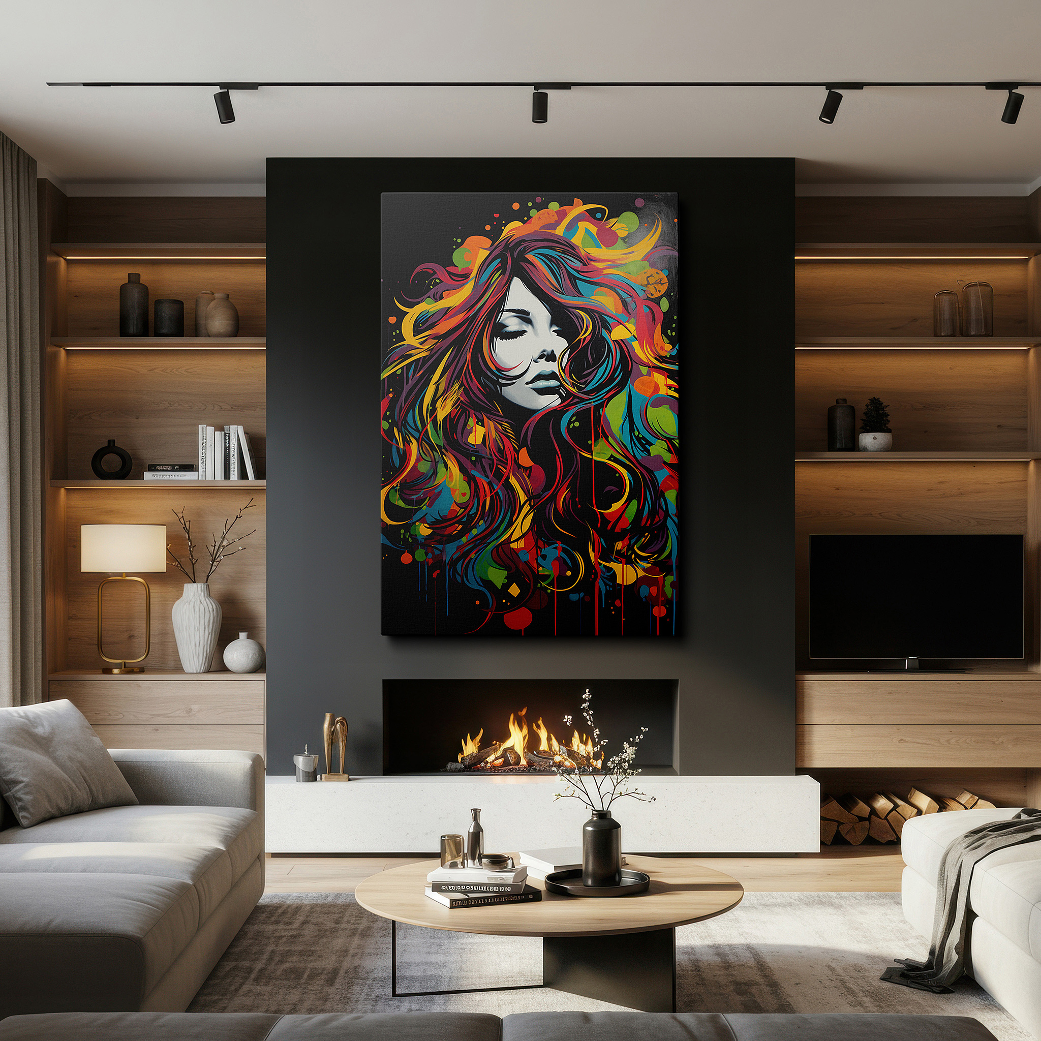 Set in a minimalist interior with textured walls and soft rugs — fiery thoughts and vivid reflections in a woman's serene gaze: large wall art for office, bedroom, and living spaces