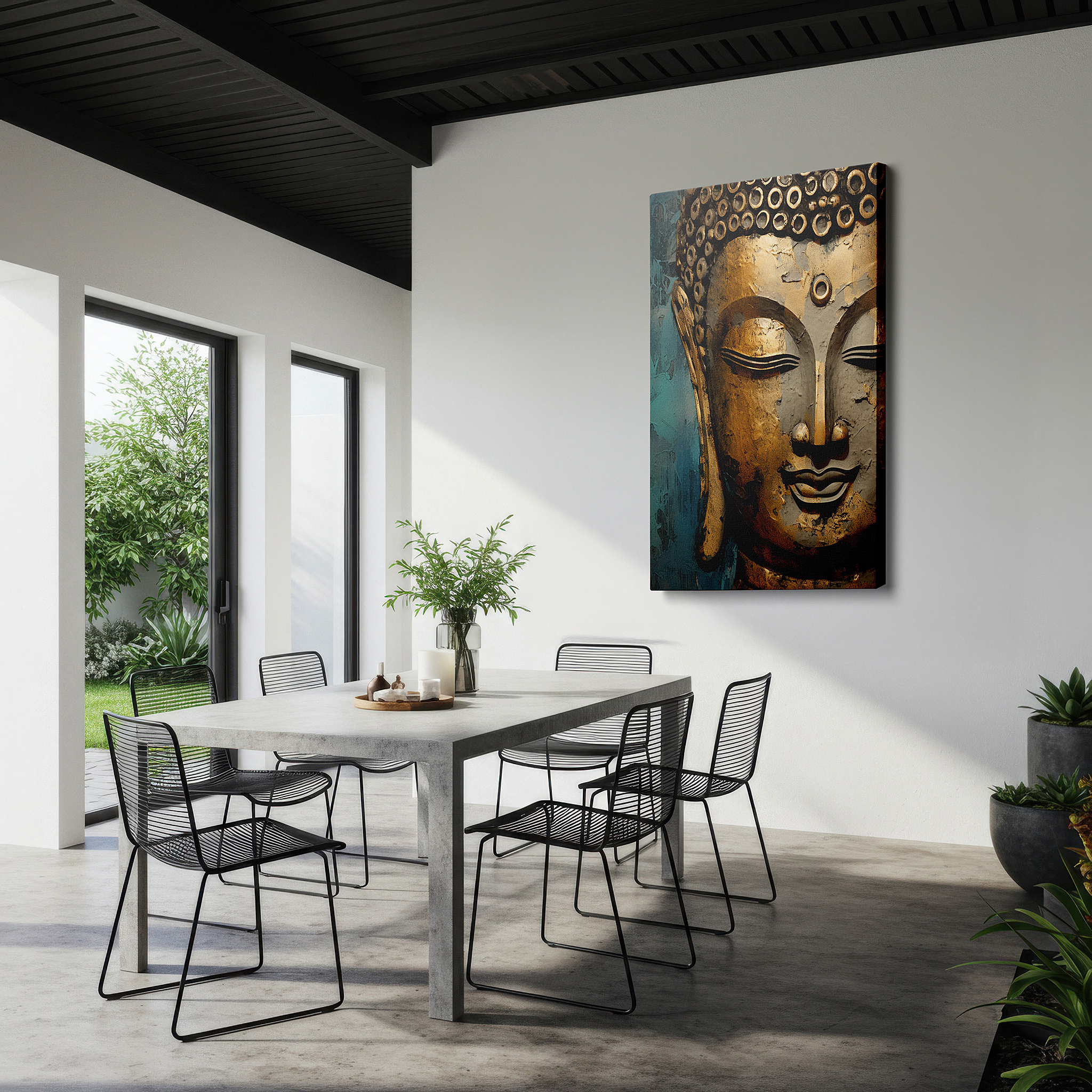 Set in a minimalist interior with textured walls and soft rugs — golden buddha wall art for living room: a sanctuary of serenity and spiritual depth. ideal for office, bedroom, and home decor, available as large canvas wall art.