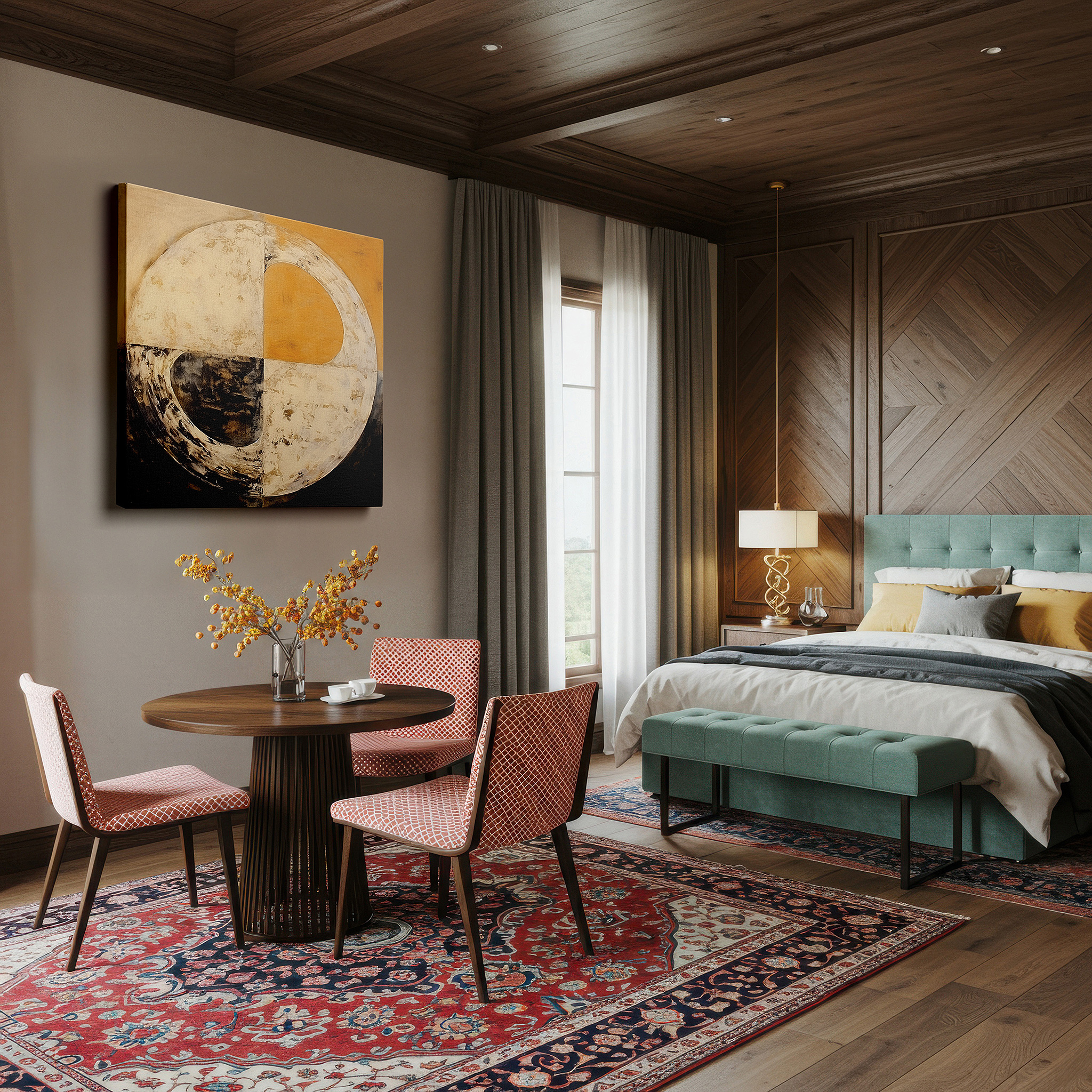 Set in a minimalist interior with textured walls and soft rugs — golden circle abstract wall art: radiant earth tones symbolizing unity, ideal for office and bedroom decor, large canvas
