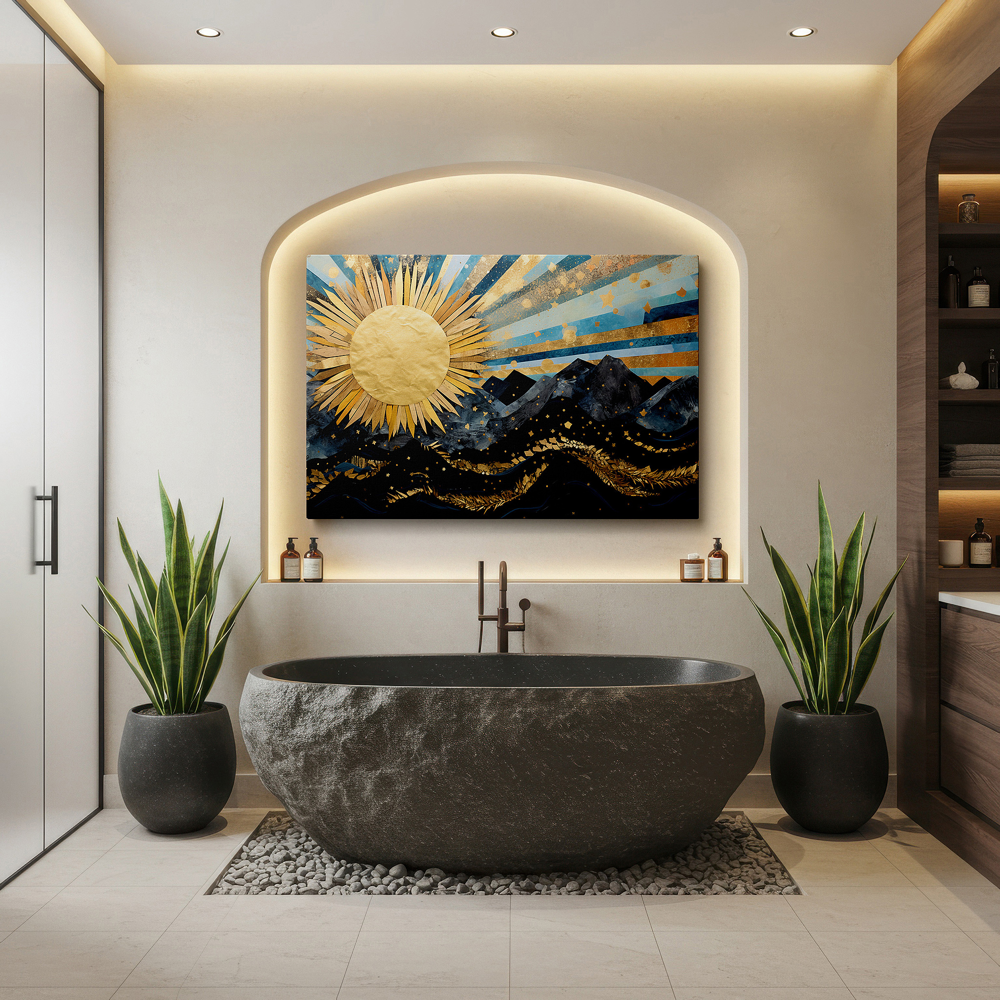 Set in a minimalist interior with textured walls and soft rugs — golden sunlight over majestic mountains and rhythmic ocean waves: large canvas wall art for office and bedroom decor