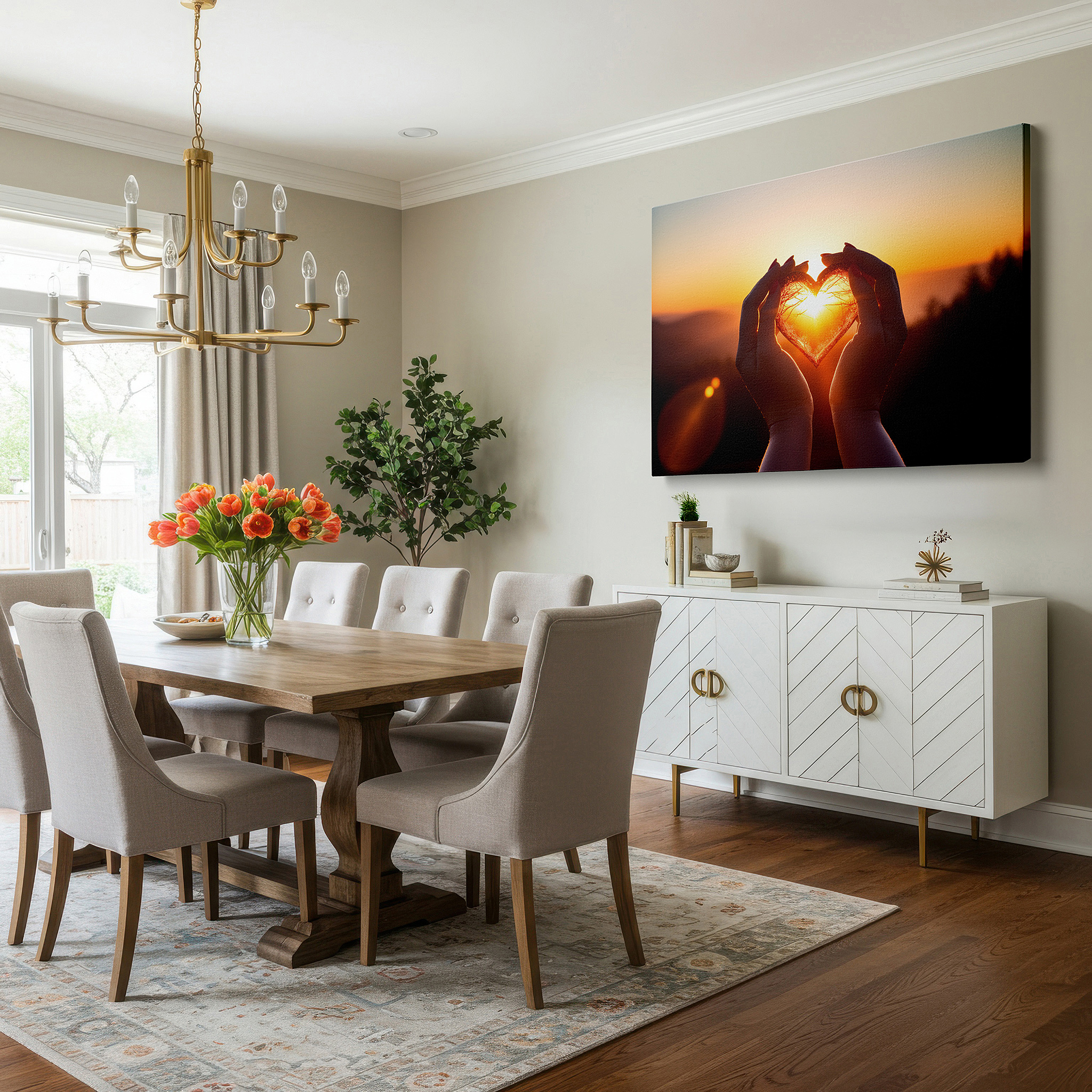 Set in a minimalist interior with textured walls and soft rugs — heart-shaped hands at sunset wall art, representing unity and love - ideal for office, living room, or bedroom decor
