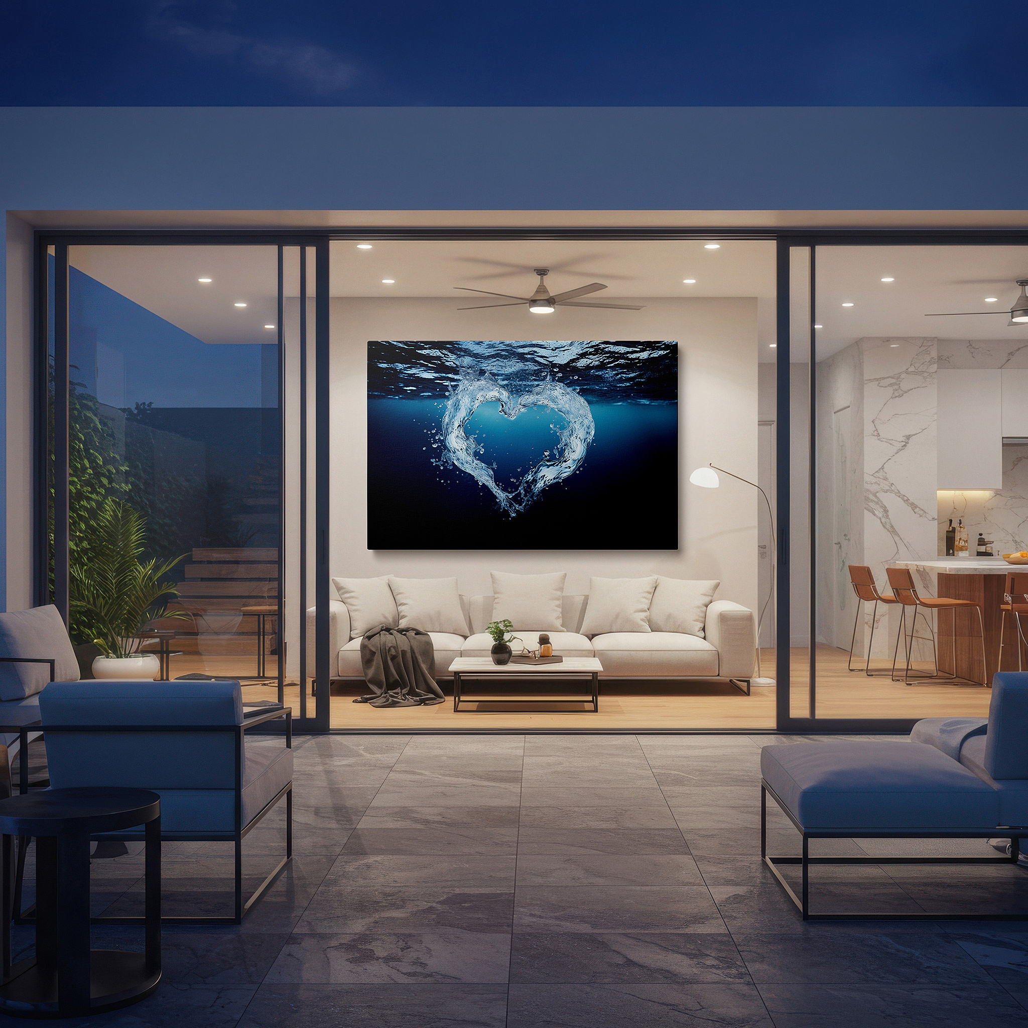 Set in a minimalist interior with textured walls and soft rugs — heart-shaped water splash on serene blue background - large canvas wall art for office and bedroom decor