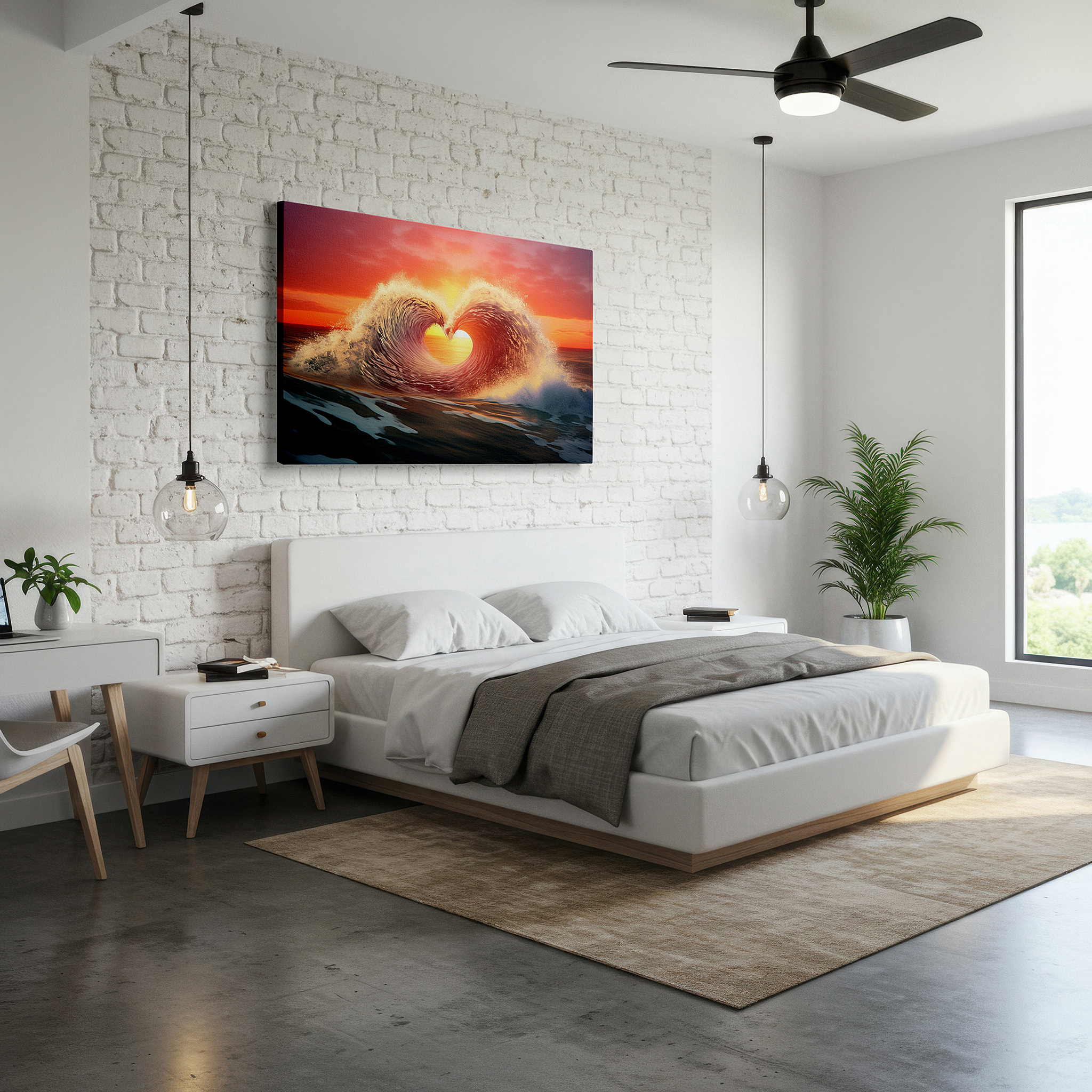 Set in a minimalist interior with textured walls and soft rugs — heart-shaped wave at sunset: symbolizing love in nature's beauty - large wall art, canvas wall art, wall decor for office and bedroom