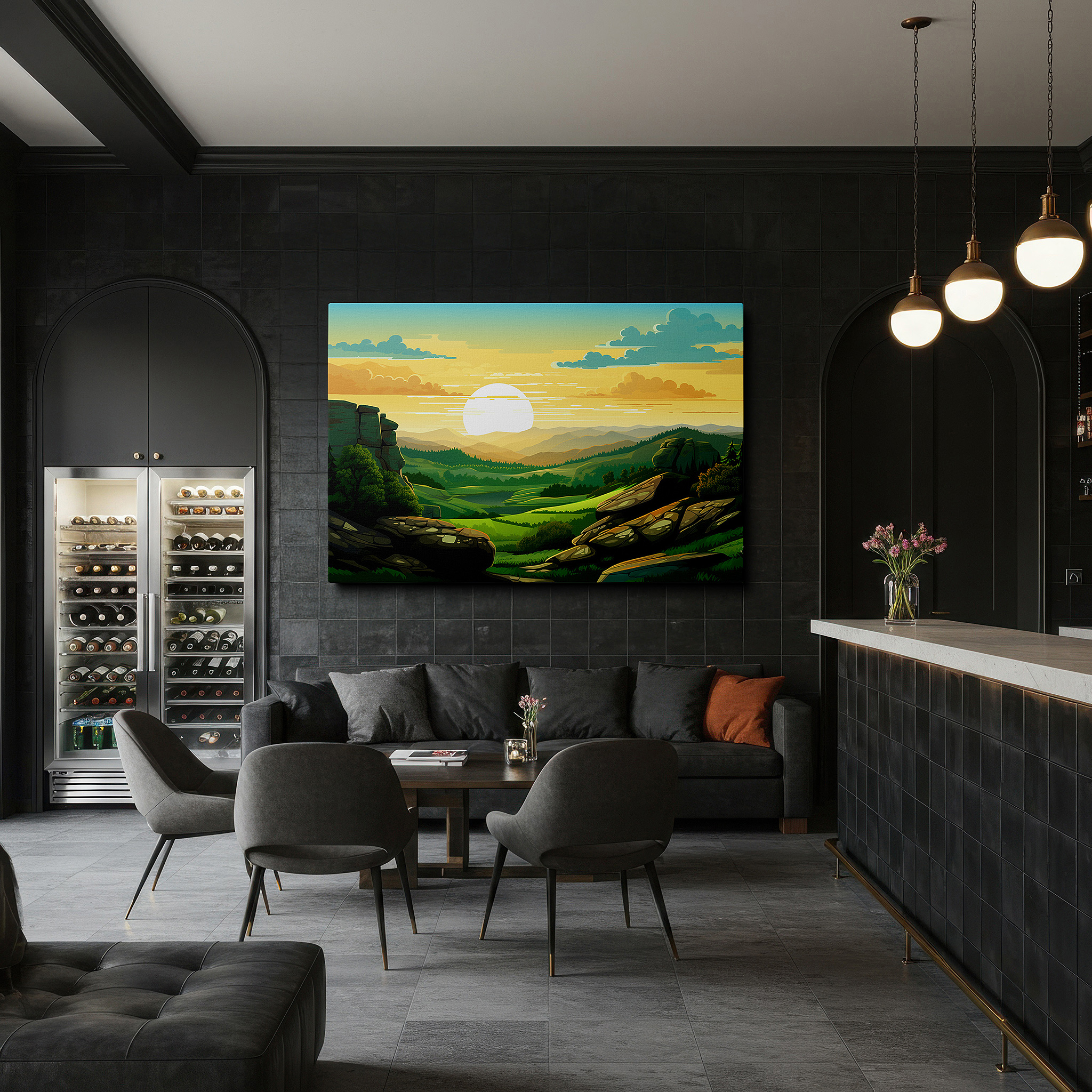 Set in a minimalist interior with textured walls and soft rugs — inspiring sunrise above majestic cliffs: serene and energizing large wall art for inspiring spaces, canvas wall art, wall decor for offices