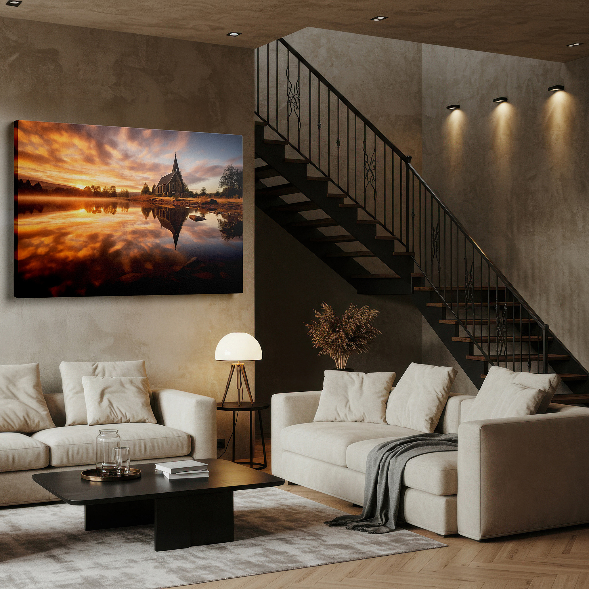 Set in a minimalist interior with textured walls and soft rugs — lakeside church sunrise serenity: a harmonious blend of nature and architecture - large canvas wall art for office decor