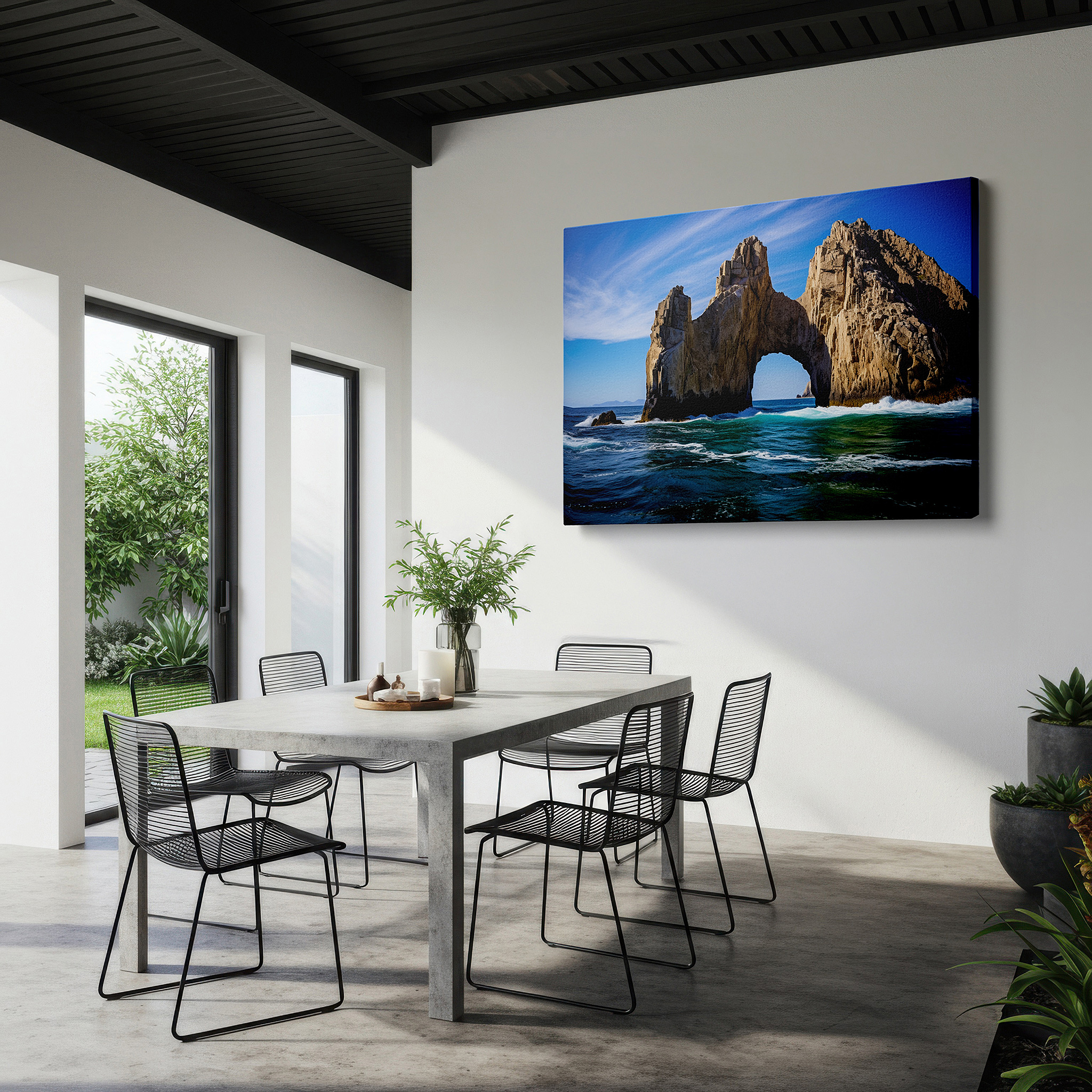 Set in a minimalist interior with textured walls and soft rugs — land's end majestic sea arch - a tribute to the eternal beauty and strength of nature large wall art, canvas wall art, wall decor, office wall art