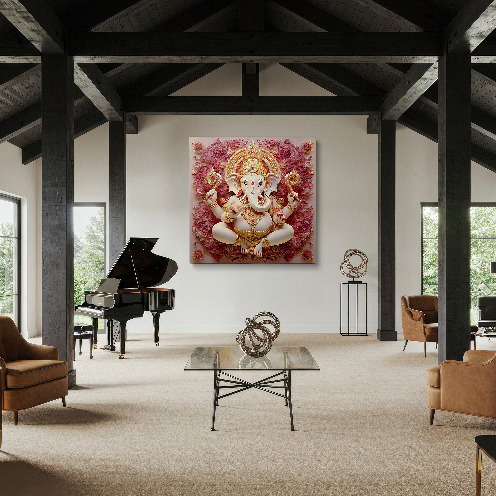 Set in a minimalist interior with textured walls and soft rugs — lord ganesh wall art for living room: a blend of sacred symbols and contemporary design, ideal for home and office decor, available in large canvas formats