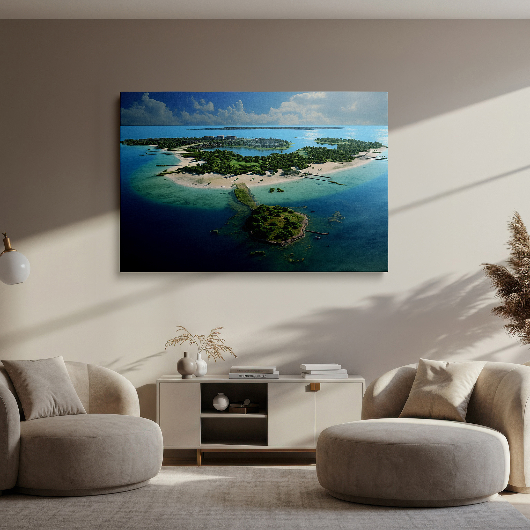 Set in a minimalist interior with textured walls and soft rugs — lush greenery and azure waters aerial view large canvas wall art, perfect for office, bedroom, and living room decor