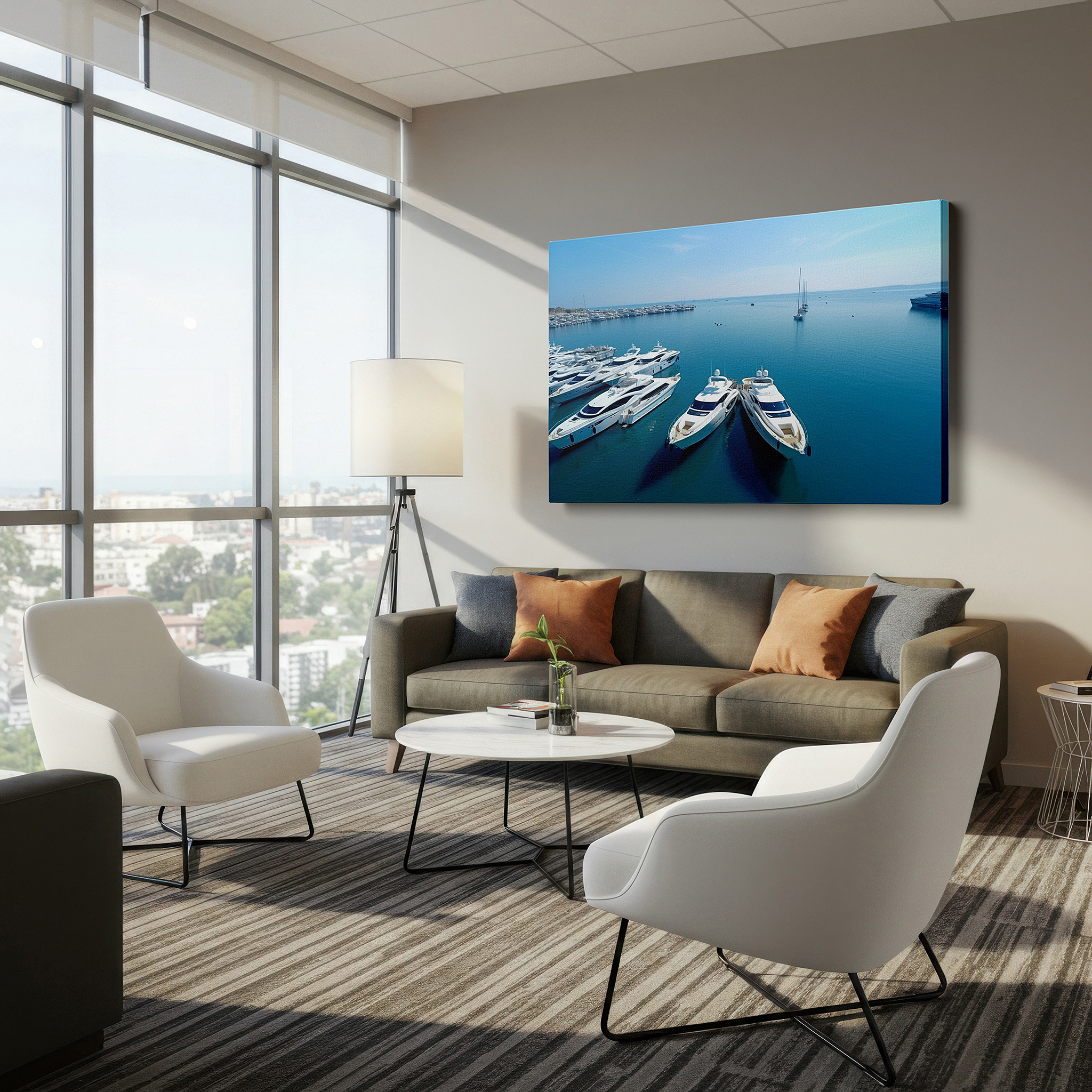 Set in a minimalist interior with textured walls and soft rugs — luxurious yachts in crystal-clear waters reflecting serenity and opulence - large wall art, canvas wall art, wall art decor, office wall art, bedroom wall art