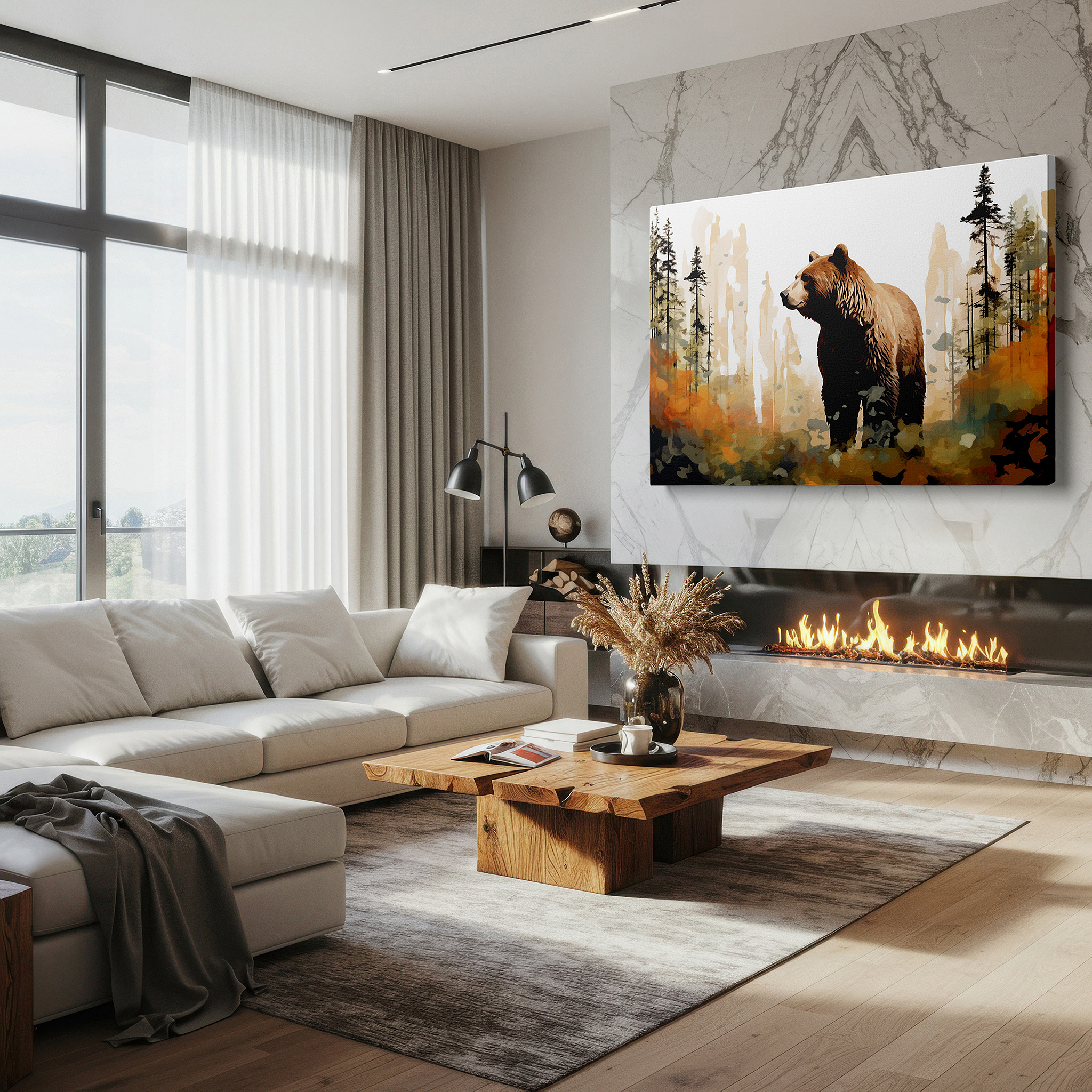Set in a minimalist interior with textured walls and soft rugs — majestic bear in lush wilderness: a blend of realistic and abstract aesthetics - large canvas wall art for home and office decor