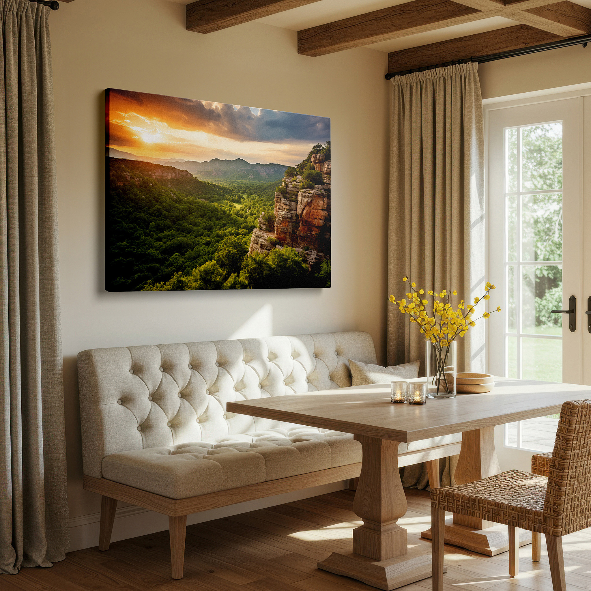 Set in a minimalist interior with textured walls and soft rugs — majestic cliffs and lush valley - tranquil nature scene for serene interiors: large wall art, canvas wall art, wall decor for office and bedroom