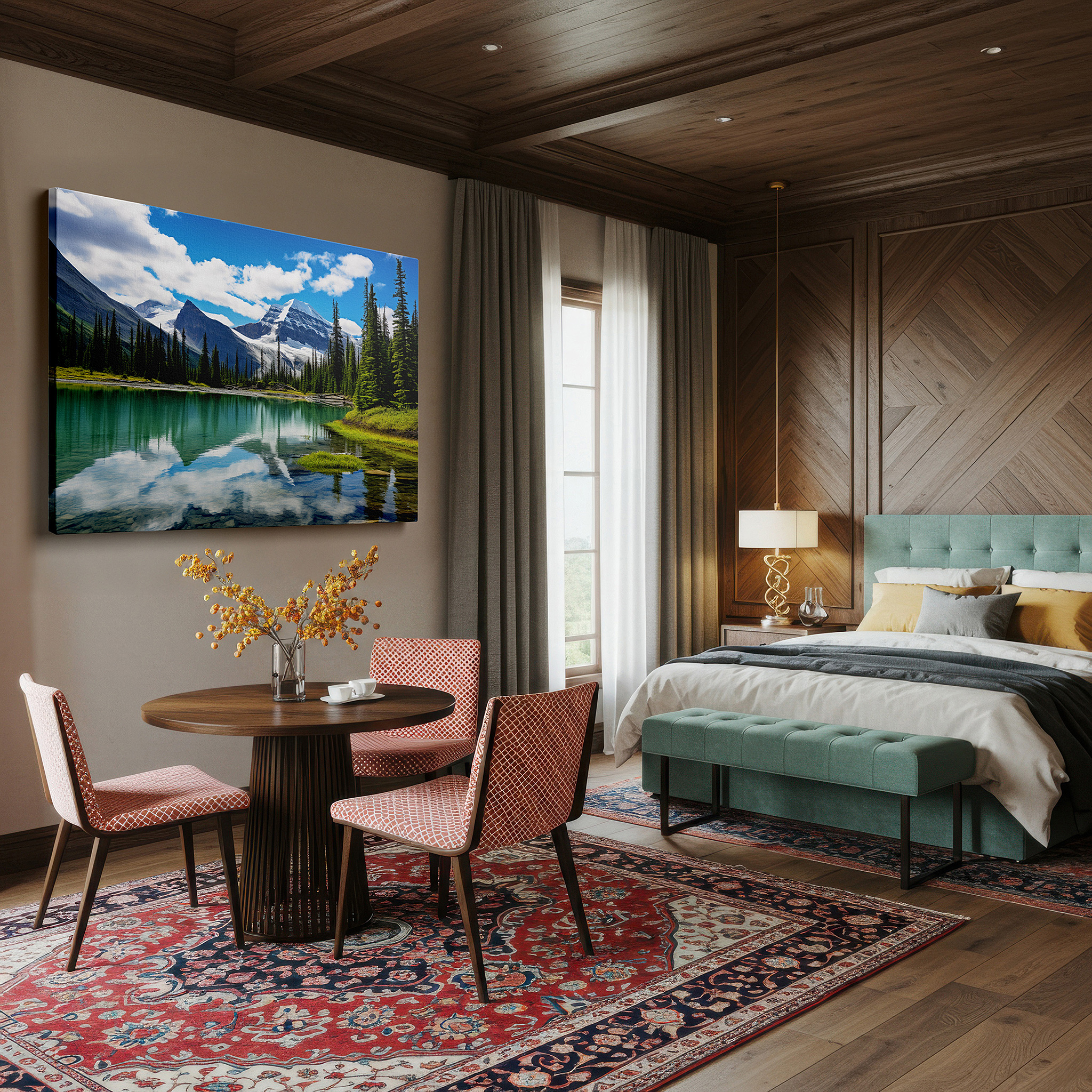 Set in a minimalist interior with textured walls and soft rugs — majestic mountain peaks and serene lake reflections: large canvas wall art for office, bedroom, and living room decor