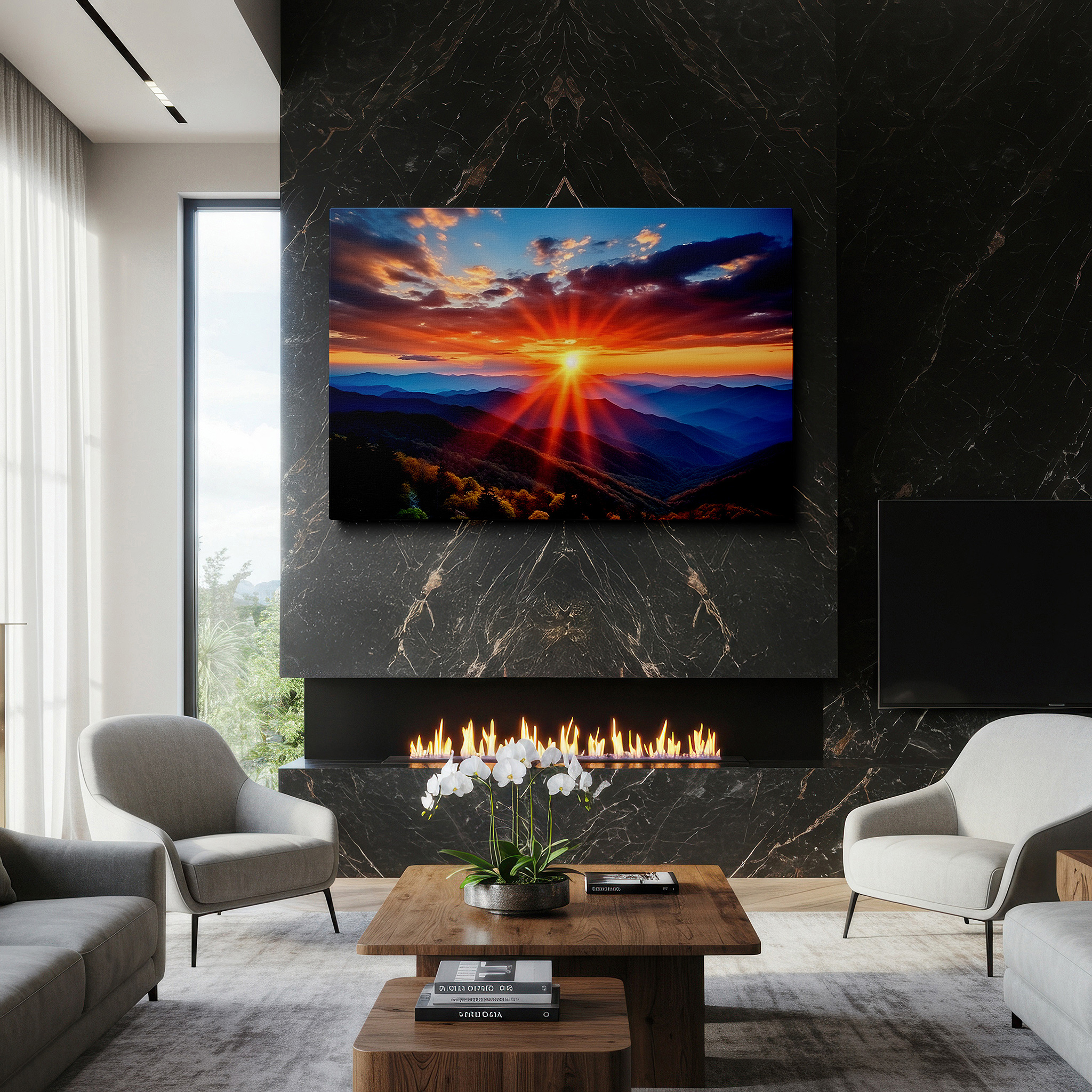 Set in a minimalist interior with textured walls and soft rugs — majestic mountain sunrise - a canvas of light and renewal: large wall art for offices and bedrooms
