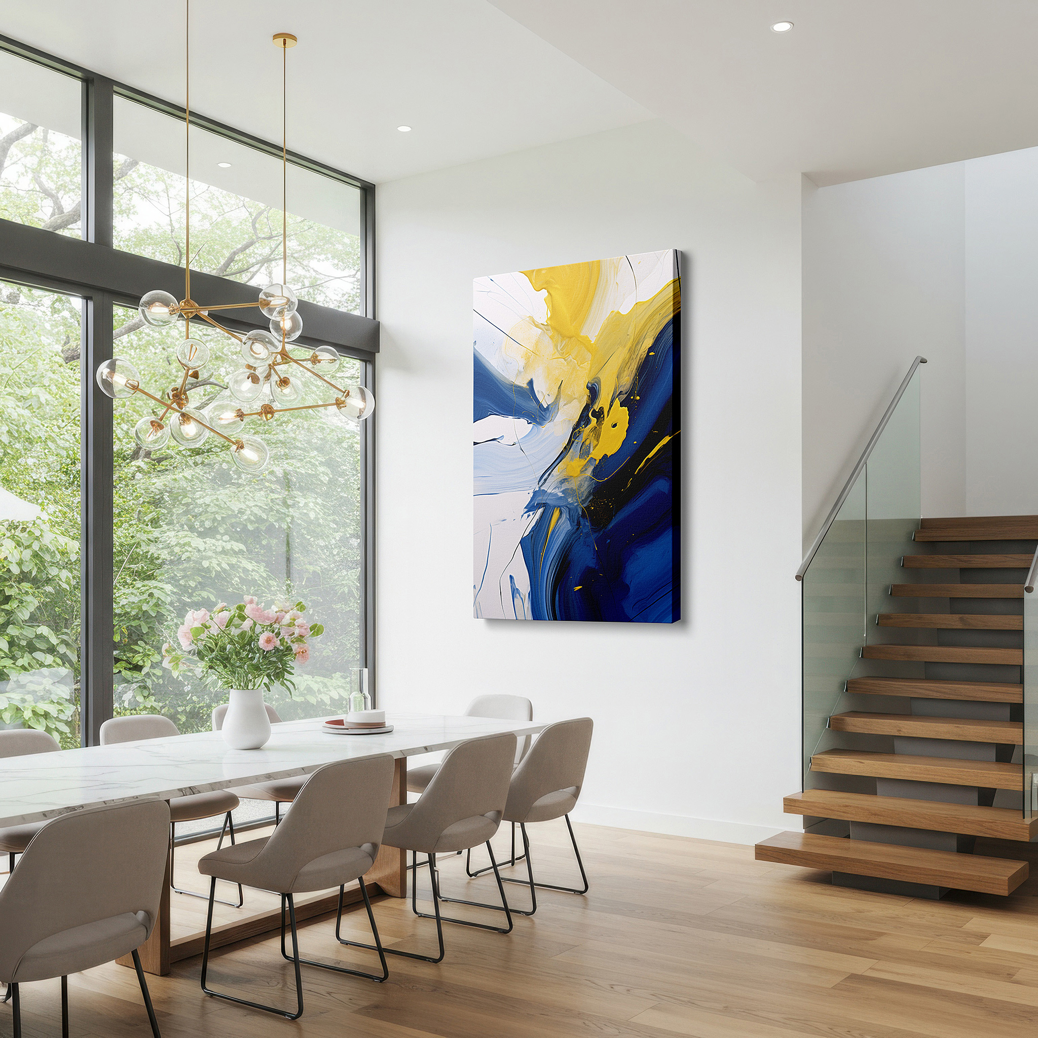 Set in a minimalist interior with textured walls and soft rugs — mesmerizing abstract display of dynamic blue and yellow swirls, large canvas wall art for office decor